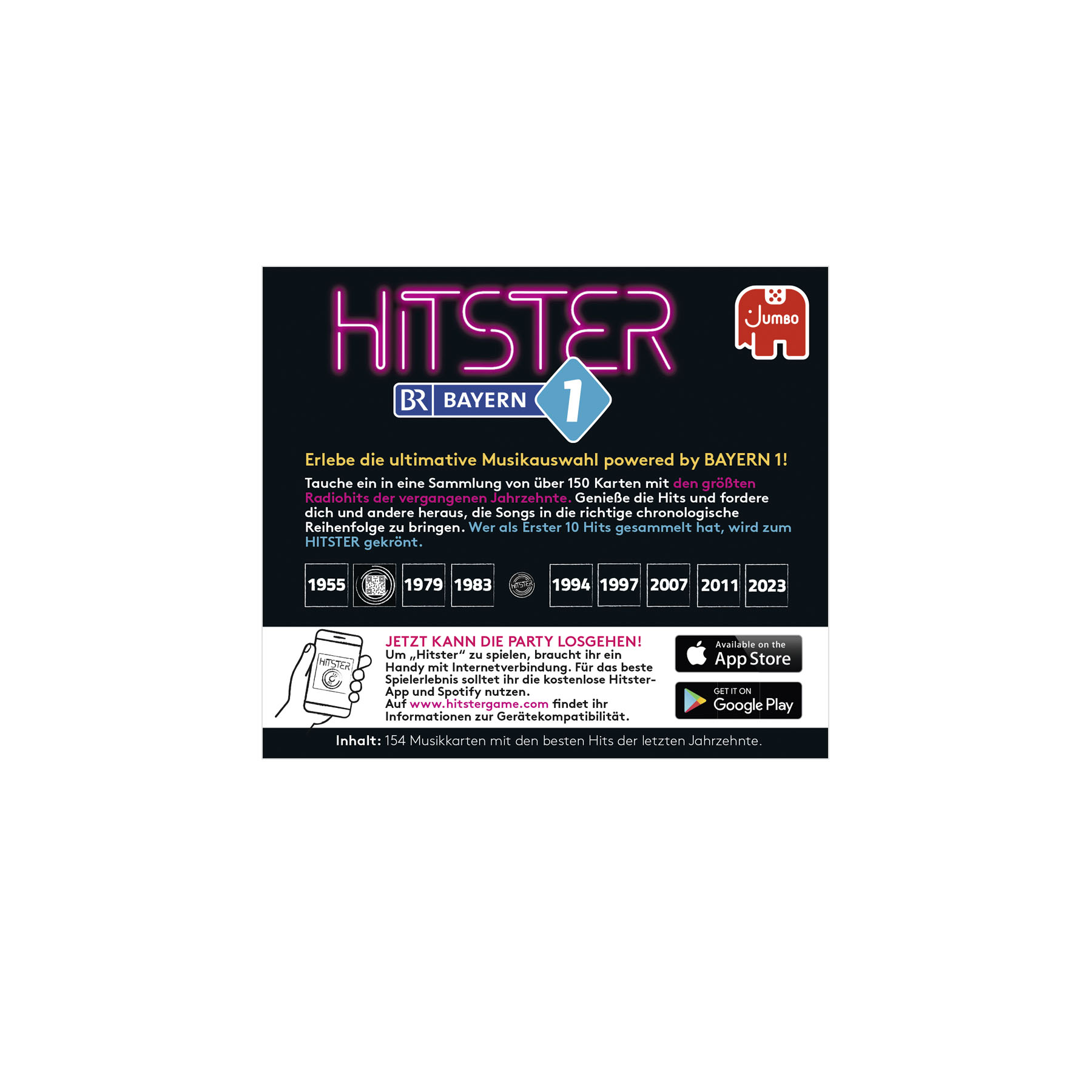 Annuncio che mostra il gioco 'Hitster', con un'insegna al neon, un codice QR e un elenco di decenni con date.