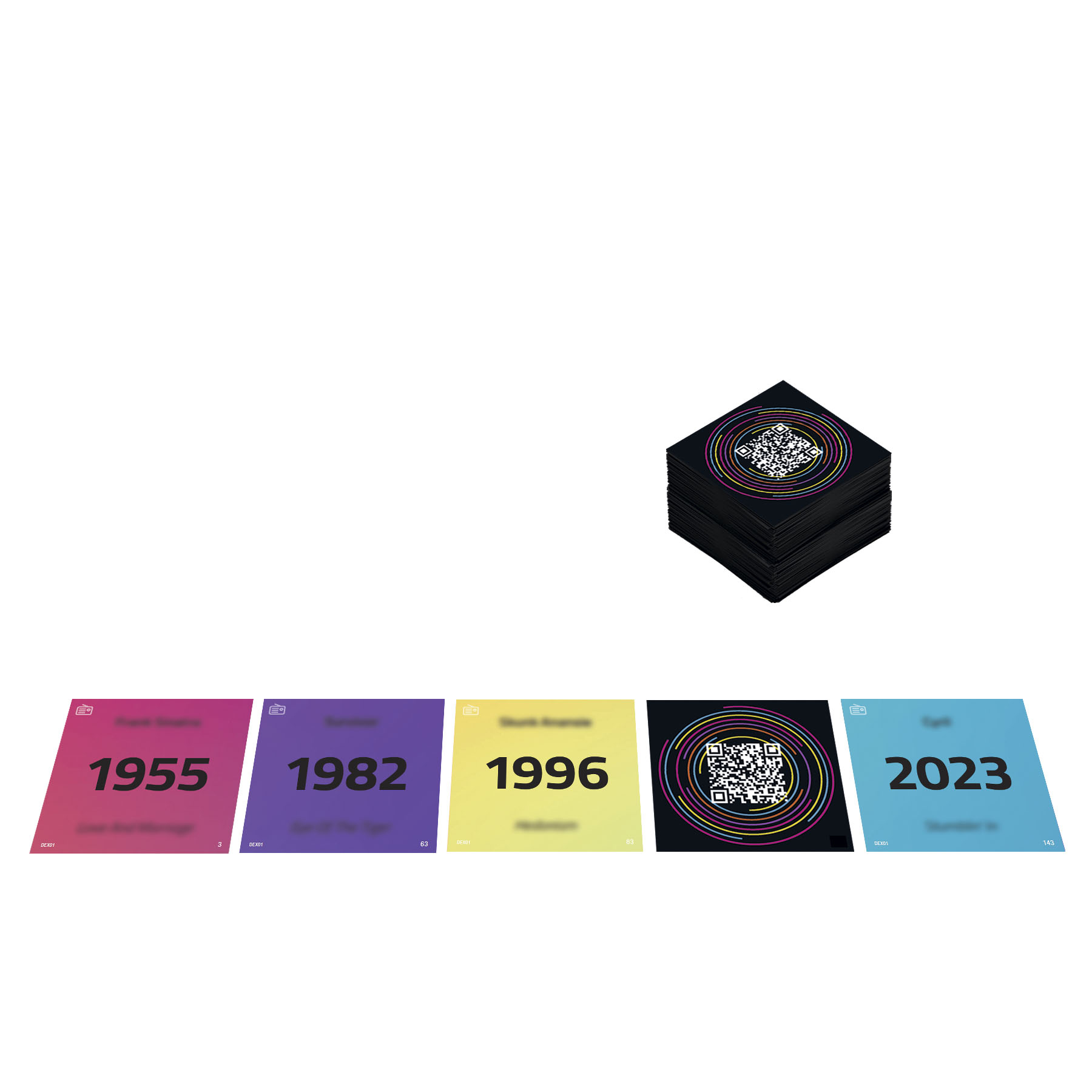 Carte con date e codici QR. I colori includono viola, giallo e blu.