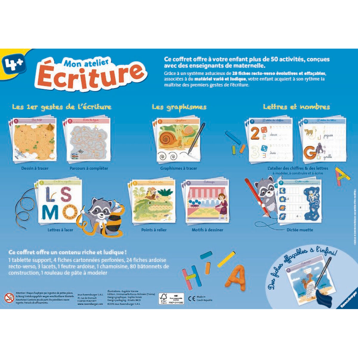 Una scatola di giochi educativi per bambini con illustrazioni colorate di esercizi di scrittura, tra cui tracciamento e lettere.