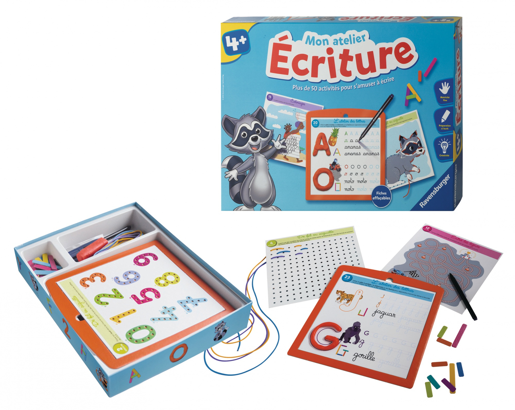 Scatola e contenuto del gioco di scrittura 'Mon atelier Écriture' con un'illustrazione di procione e materiali di scrittura.