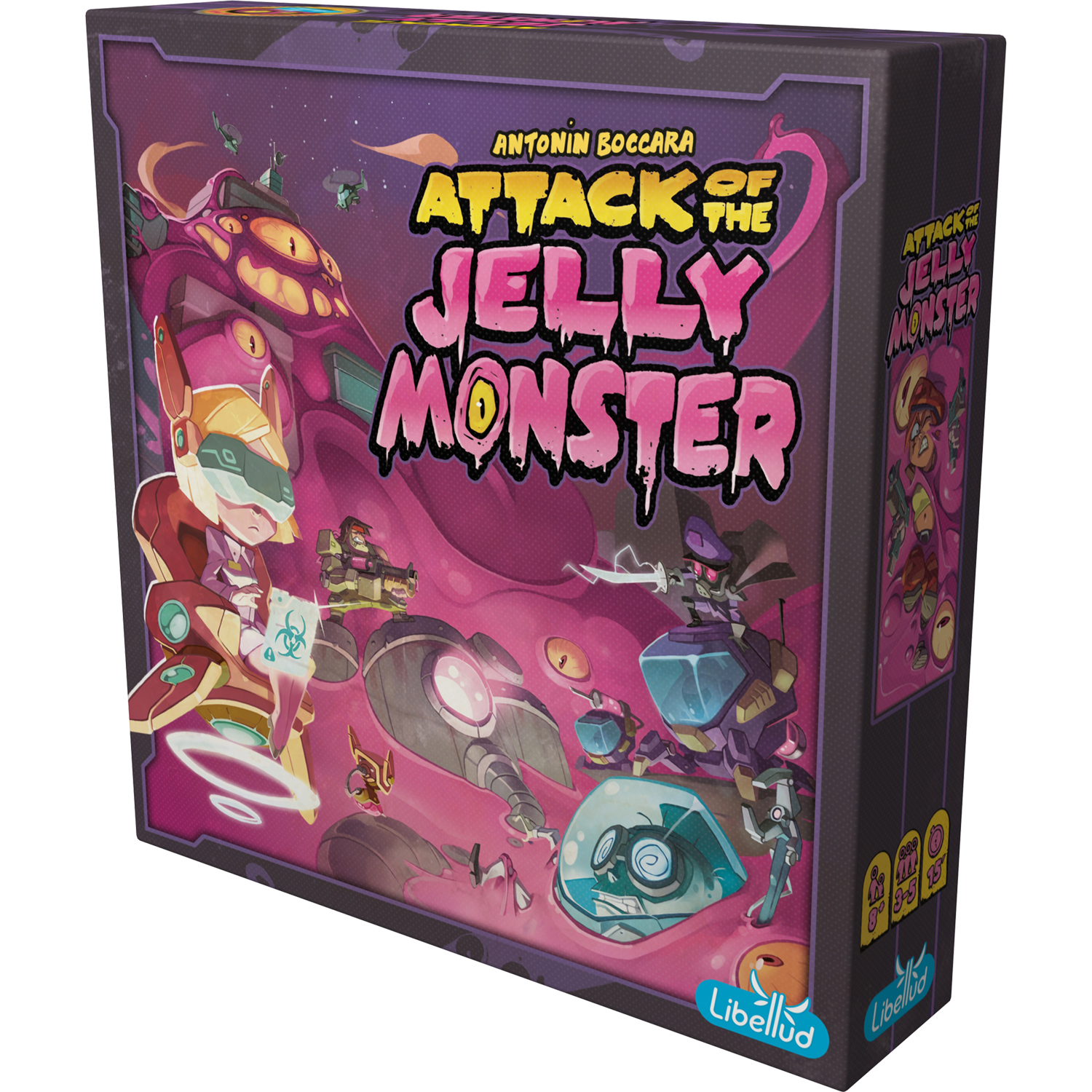 Spielbox mit Cartoon-Illustration eines Monsters und Charakteren. Der Titel lautet 'Attack of the Jelly Monster'.