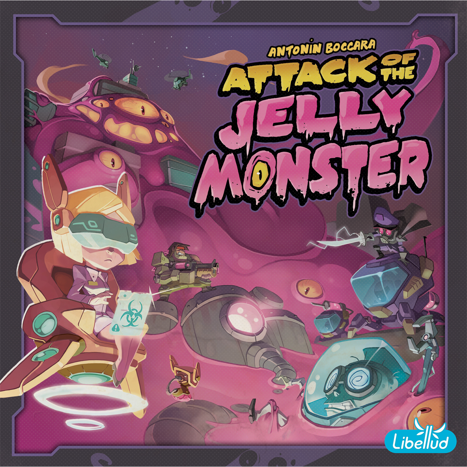 Spielcover. Titel: Attack of the Jelly Monster. Charaktere und Monster in lila Umgebung.