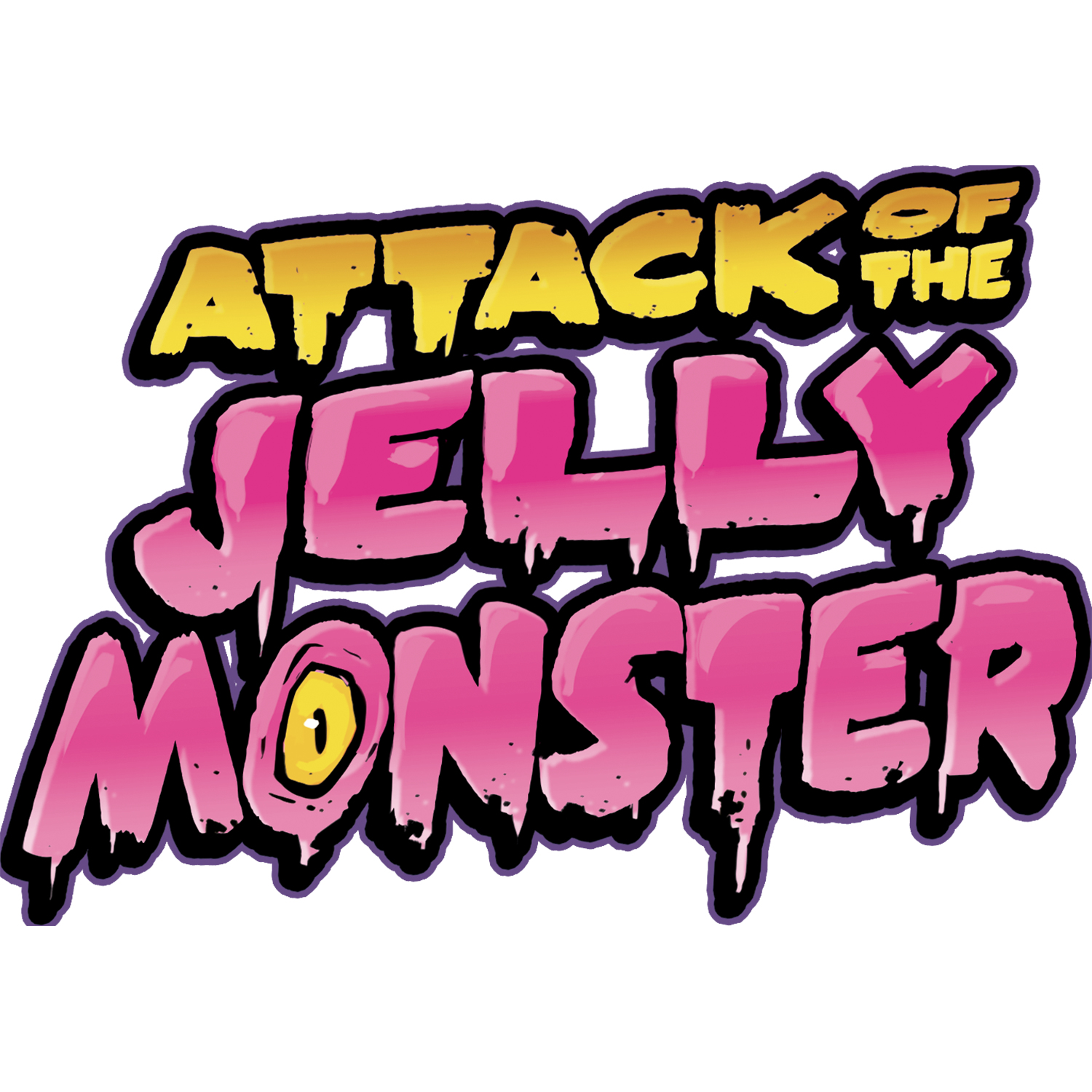 Ein Logo für 'Attack of the Jelly Monster' mit gelbem Titel und pinkfarbenem, tropfendem Text auf weißem Hintergrund.