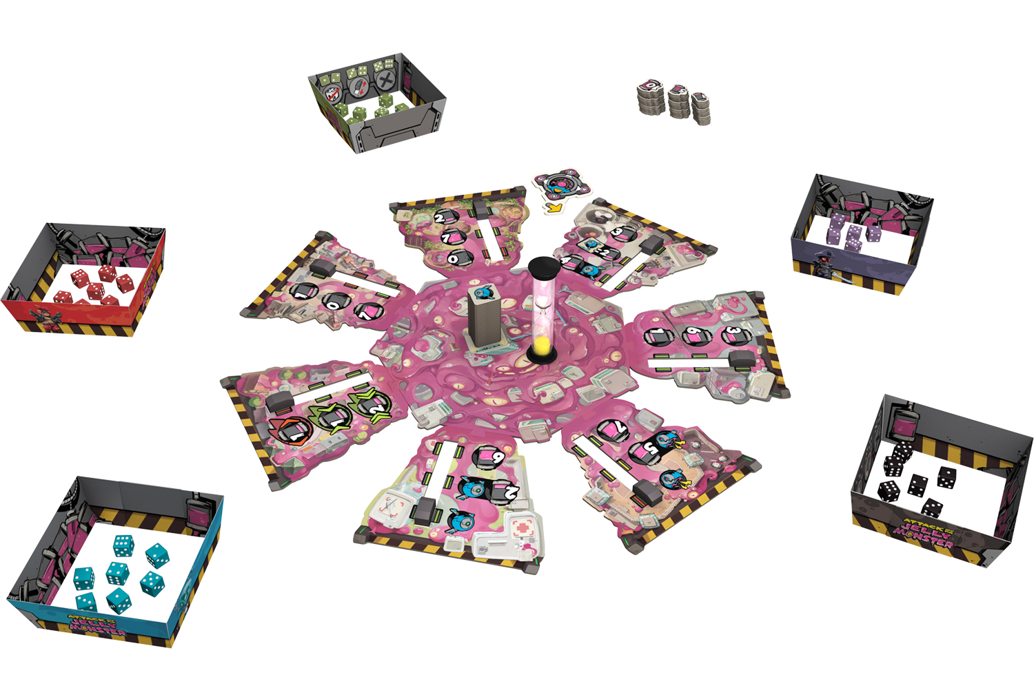 Ein farbenfrohes Brettspiel mit mehreren Fächern, Würfeln und Spielsteinen, die auf einer rosa-grauen Oberfläche angeordnet sind.