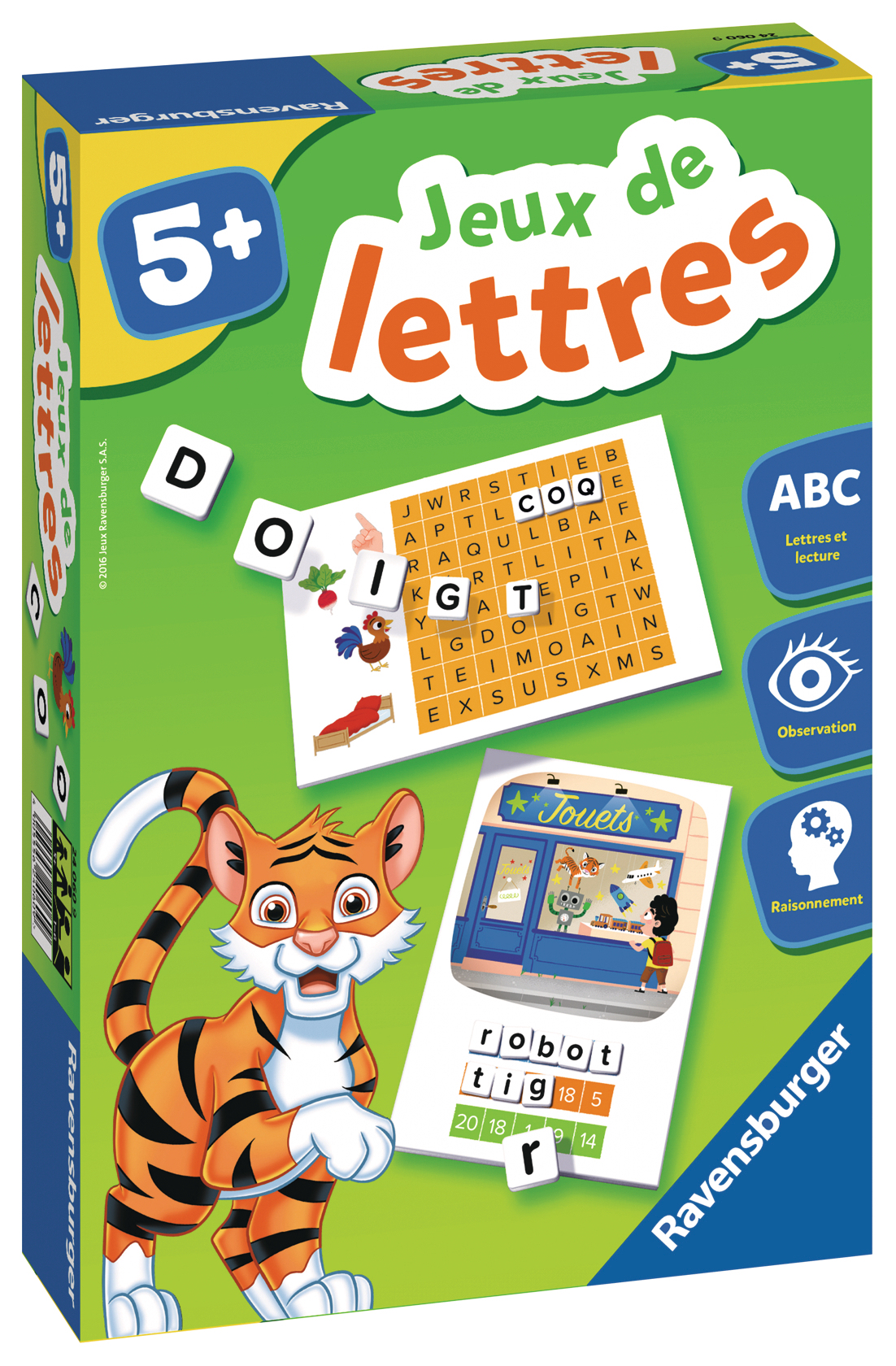 Scatola di gioco con lettere e una tigre. Il gioco si chiama 'Jeux de lettres'. Carte e lettere sono mostrate.