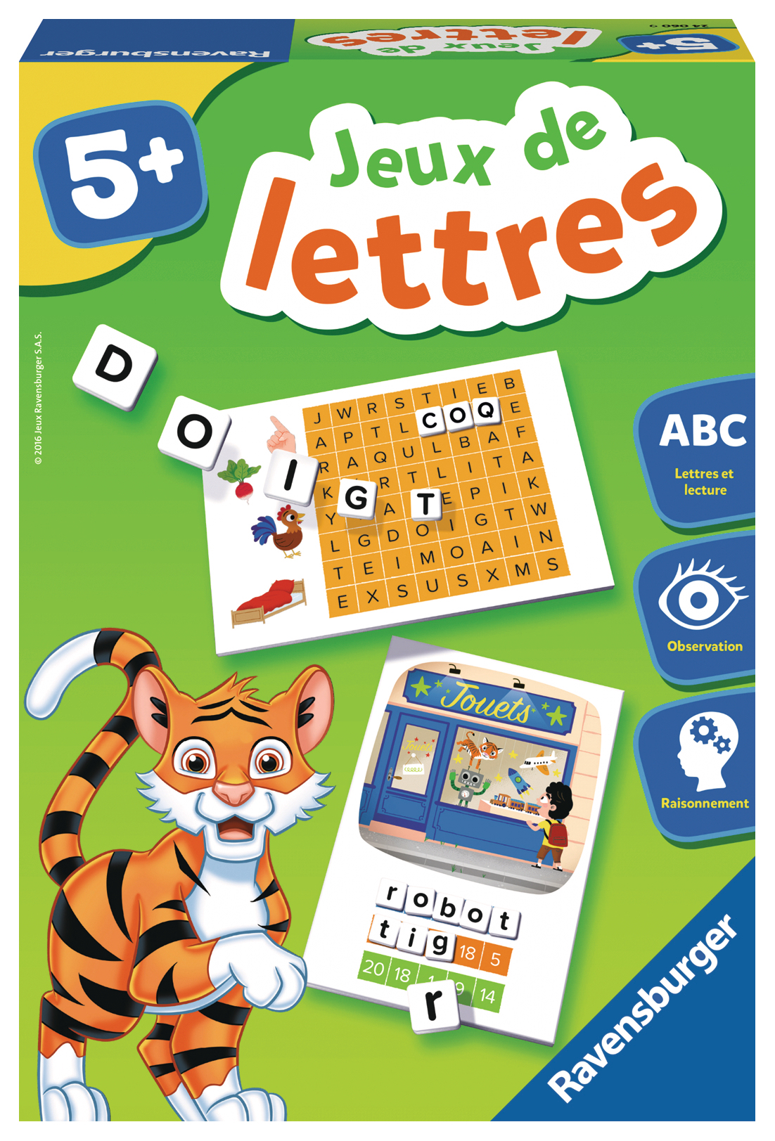 Scatola del gioco di lettere con una tigre e un bambino. Carte ed elementi di gioco sono visibili.