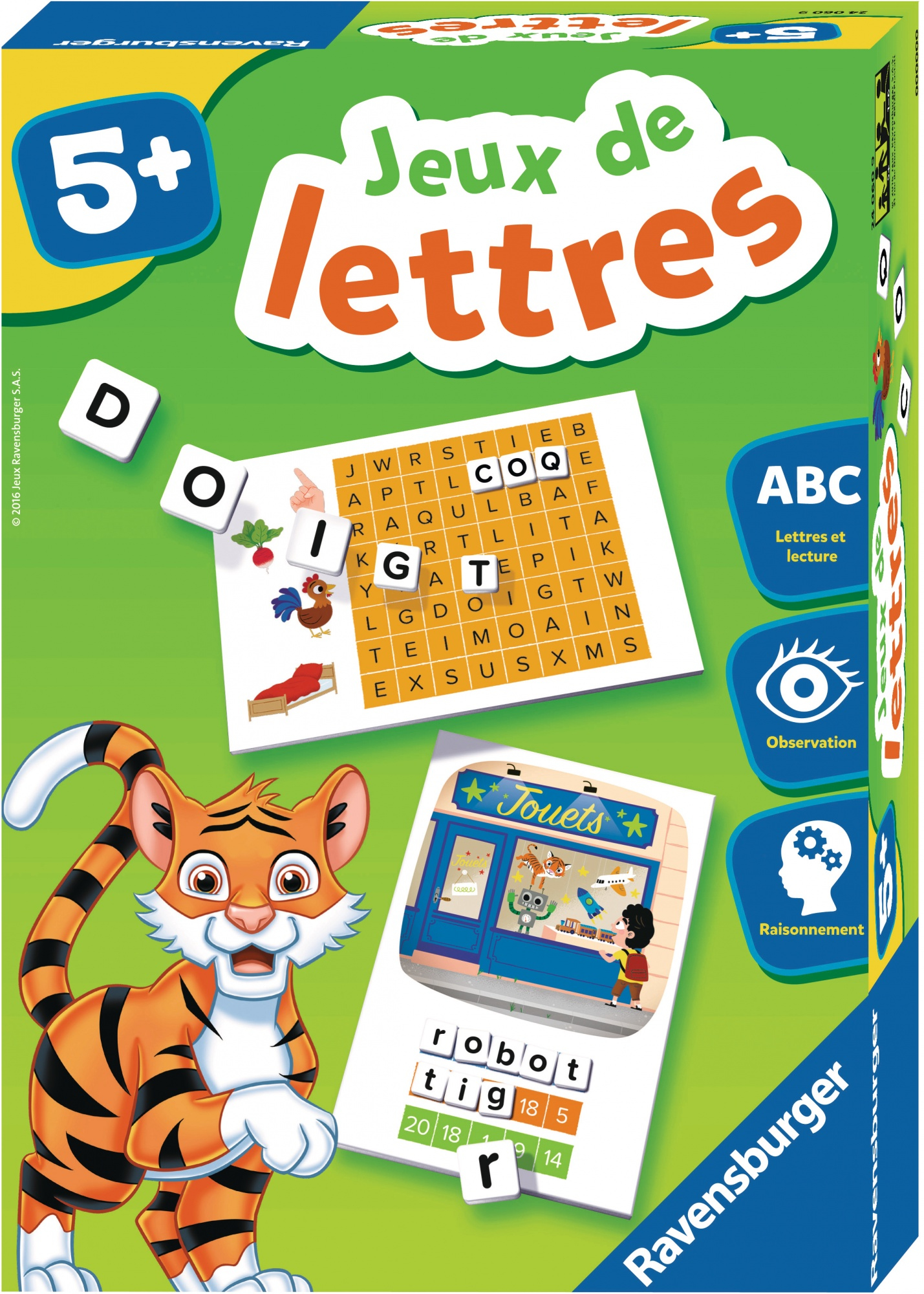 Scatola di gioco con lettere, una tigre e una scena di negozio. Il gioco è 'Jeux de lettres'.