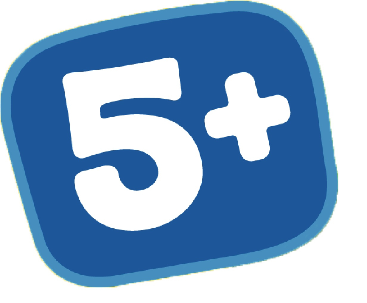 Un quadrato blu mostra il numero '5+' in bianco. Il quadrato ha angoli arrotondati.