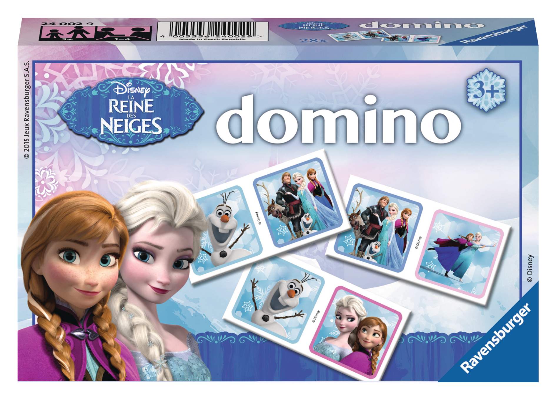 Dominospielbox mit Disney's Frozen-Figuren. Enthält Elsa, Anna, Olaf und Dominosteine.
