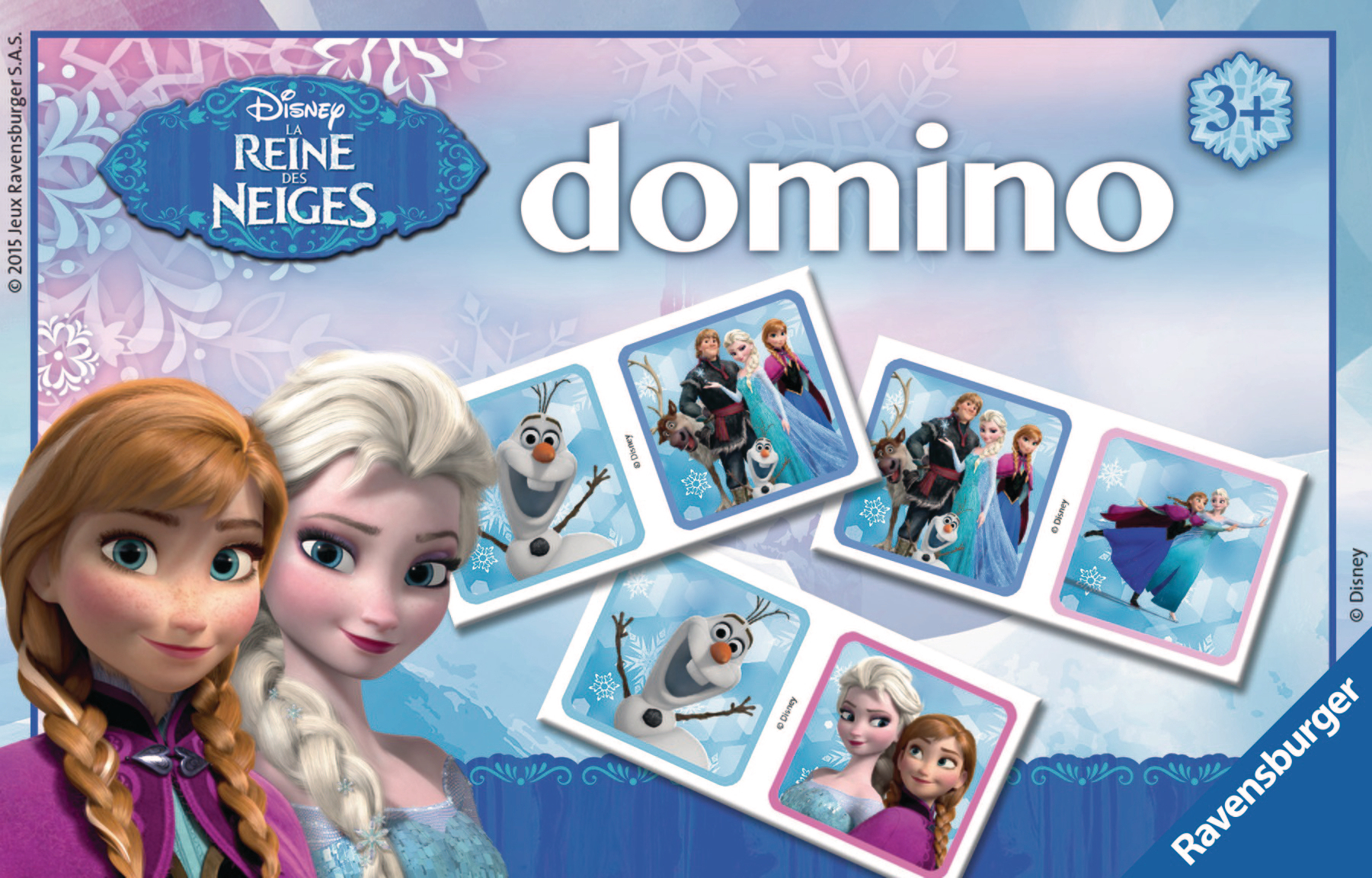 Dominospielbox mit Anna, Elsa und Olaf aus Frozen. Das Wort 'Domino' ist prominent.