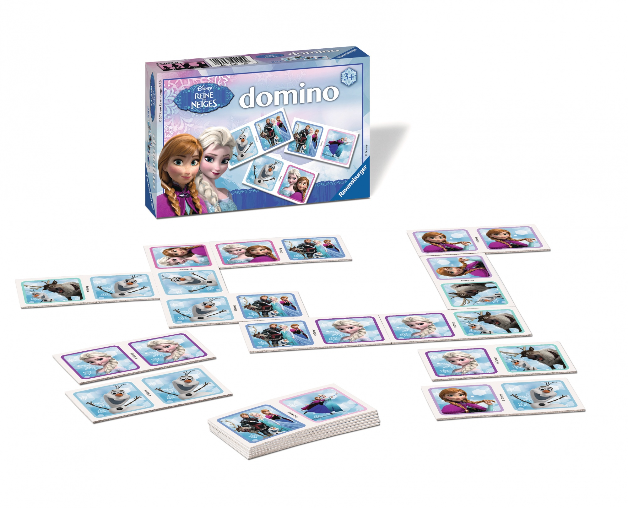 Ein Dominospiel mit Frozen-Charakteren. Das Spiel ist auf einer weißen Oberfläche aufgebaut.