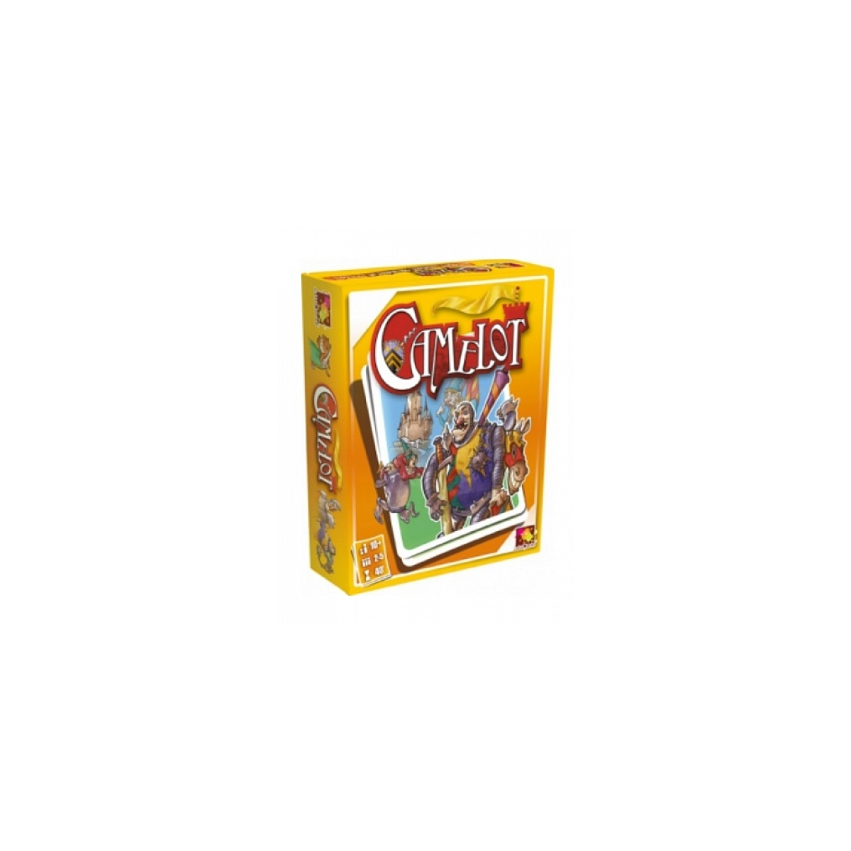 Gra planszowa w pudełku z motywem zamku. Rycerze, zamek i żółte tło.