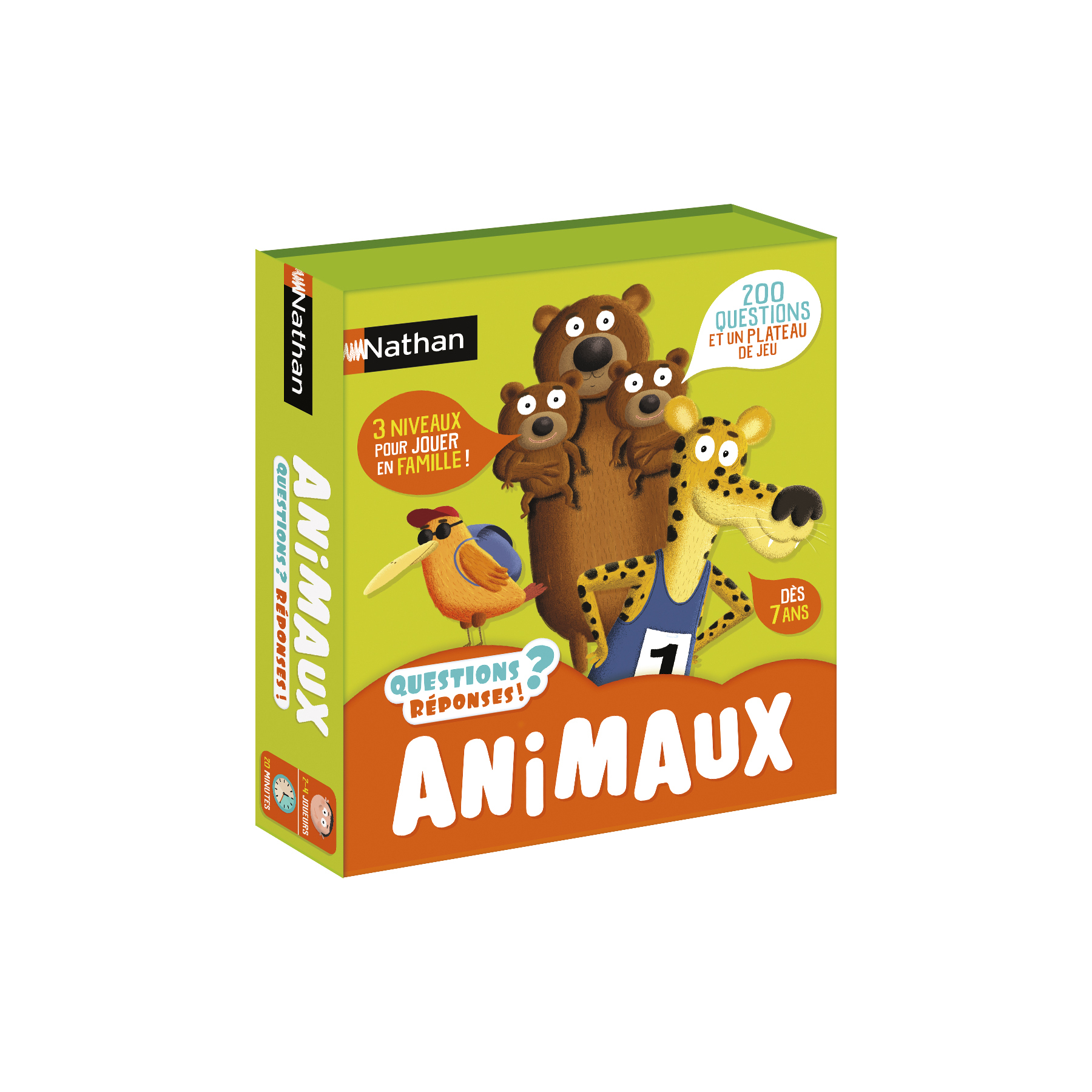 Pudełko z grą z rodziną kreskówkowych niedźwiedzi, ptakiem i gepardem. Zawiera słowo ANIMAUX.