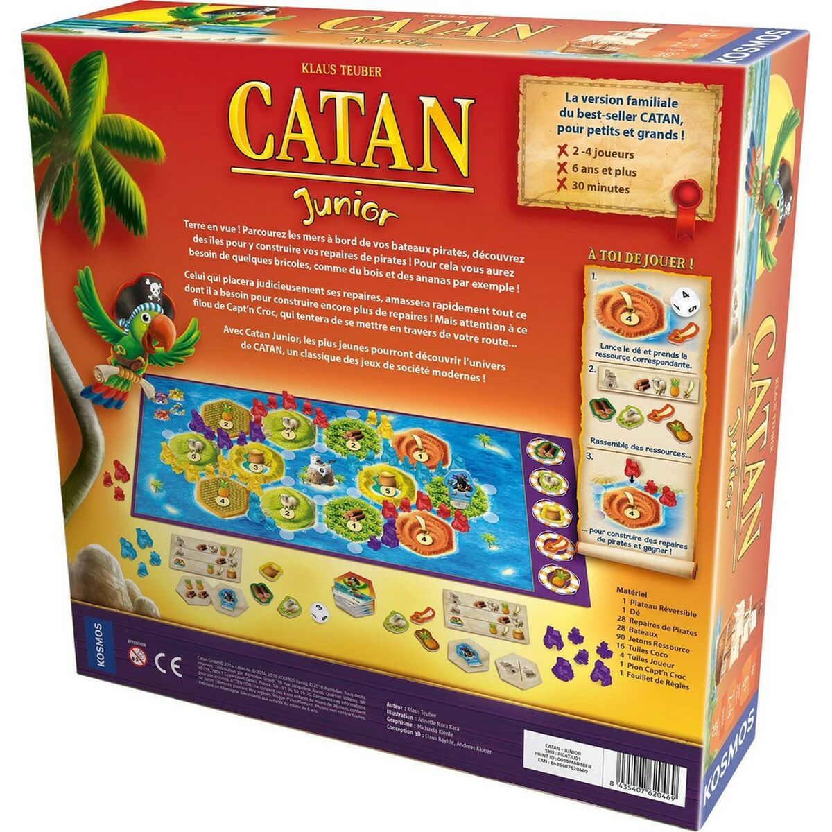 Pudełko gry. Tytuł: Catan Junior. Temat piracki z tropikalnym otoczeniem wyspy.