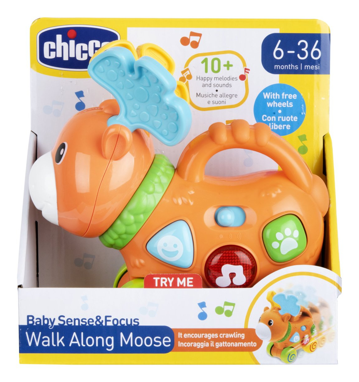 Juguete de alce naranja en una caja. Botones y asa. Texto: Baby Sense & Focus Walk Along Moose.