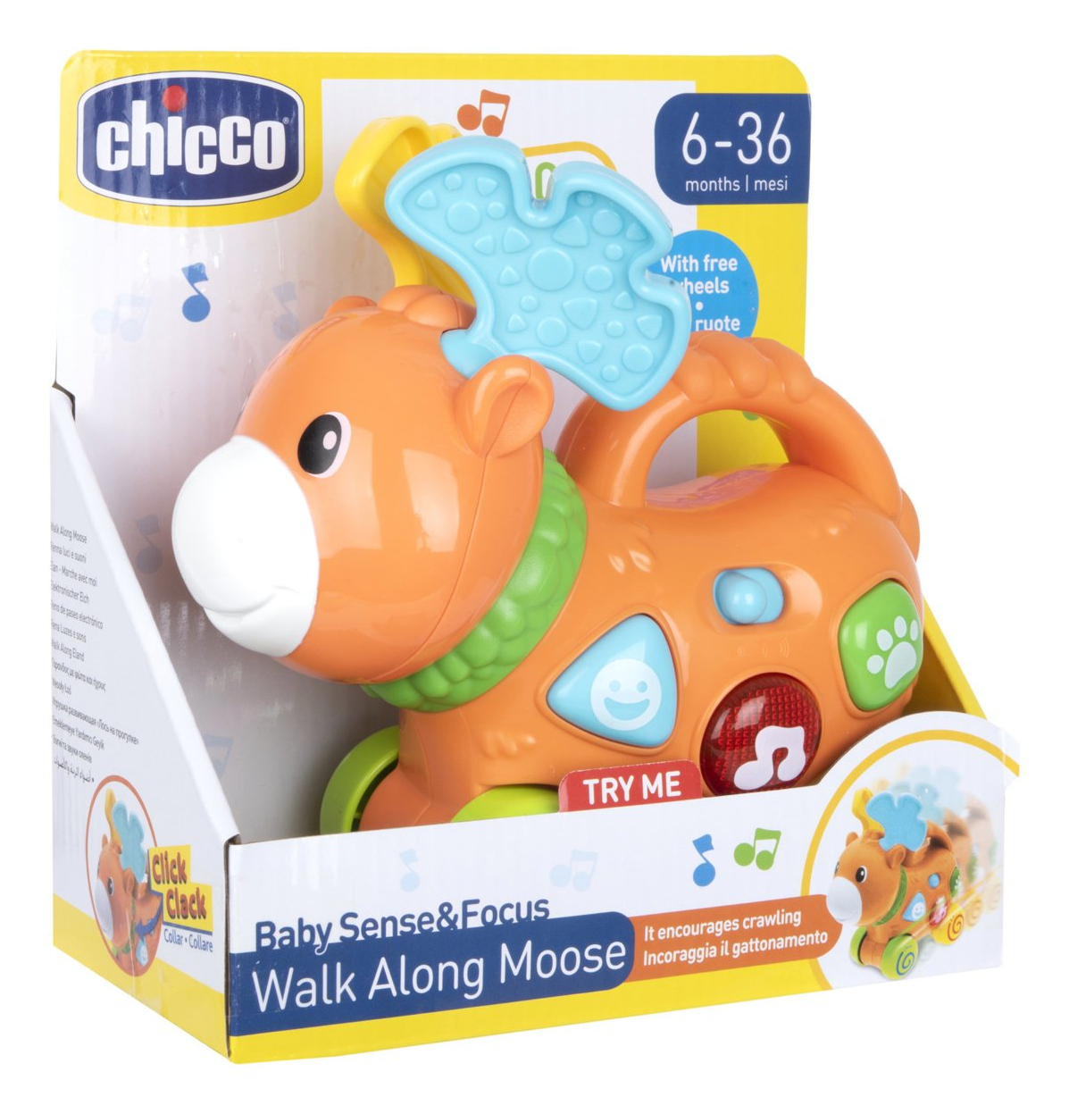 Un juguete de alce naranja en una caja con las palabras 'Walk Along Moose'.