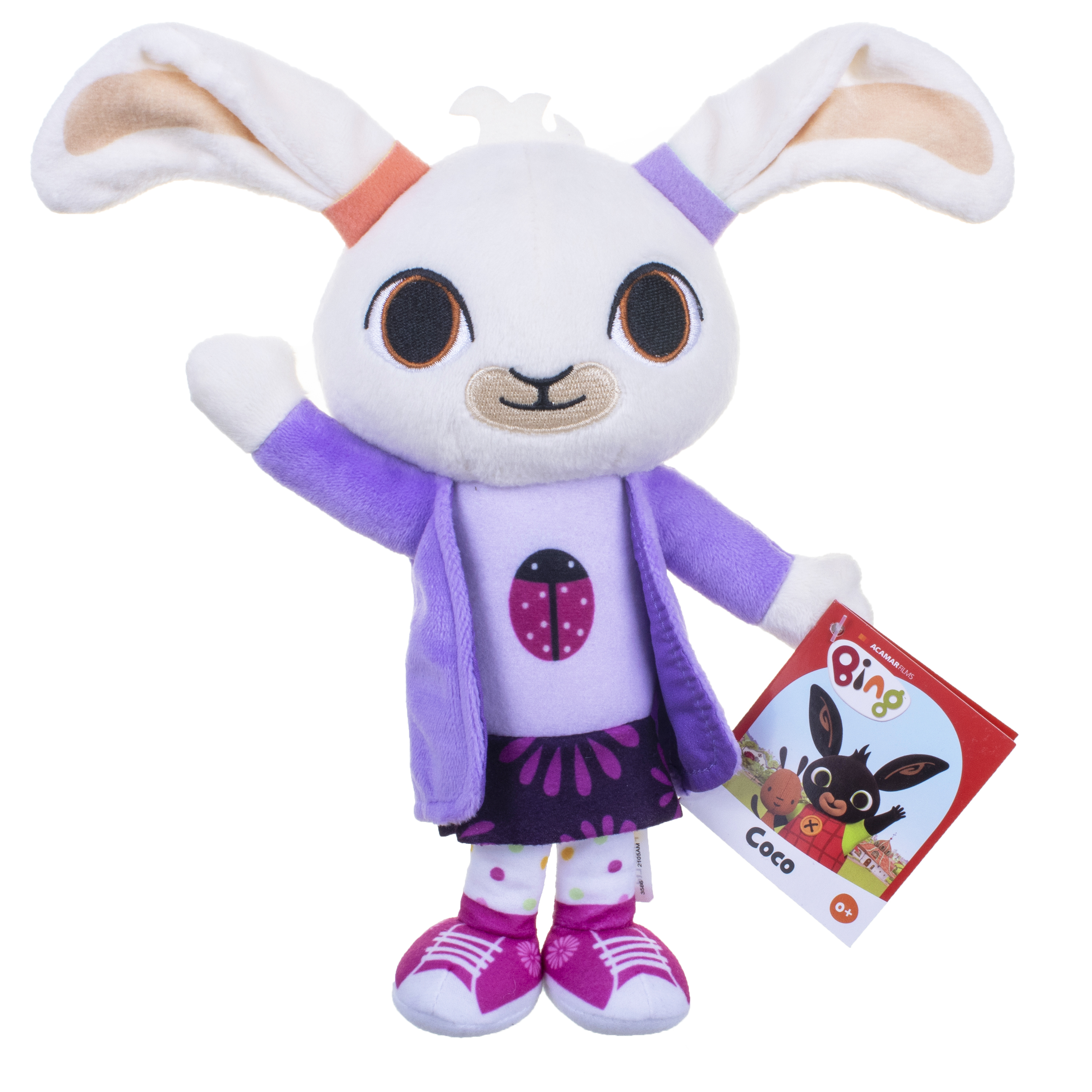 Peluche di Bing con libro di Coco. Coniglio bianco con giacca e gonna viola, che tiene un libro rosso.