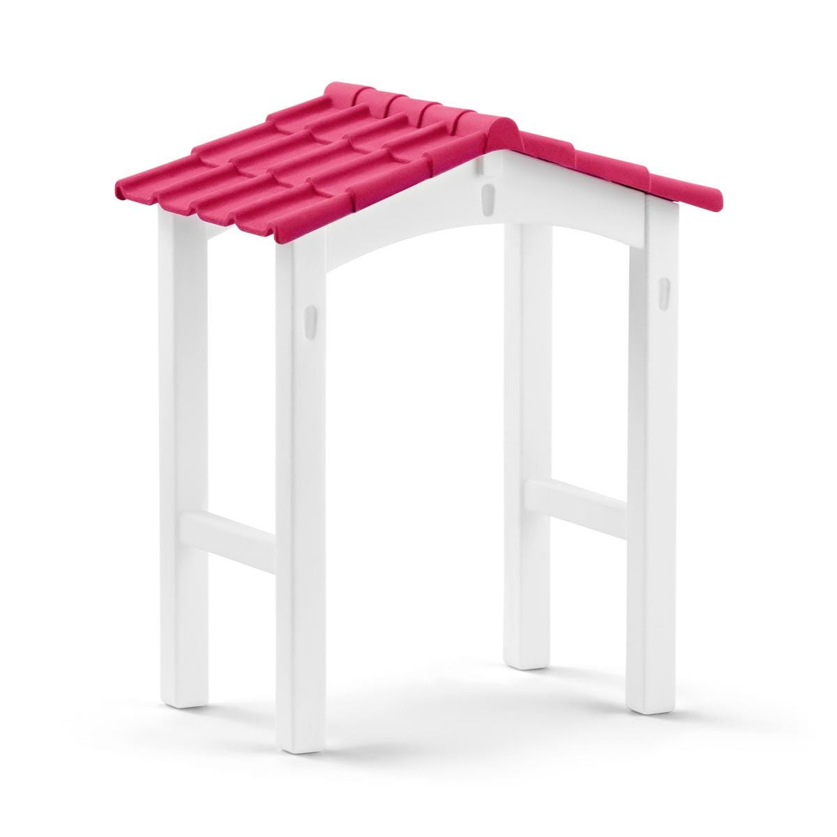 Konstrukcja z różowym dachem i białymi podporami. Konstrukcja znajduje się na białym tle.
