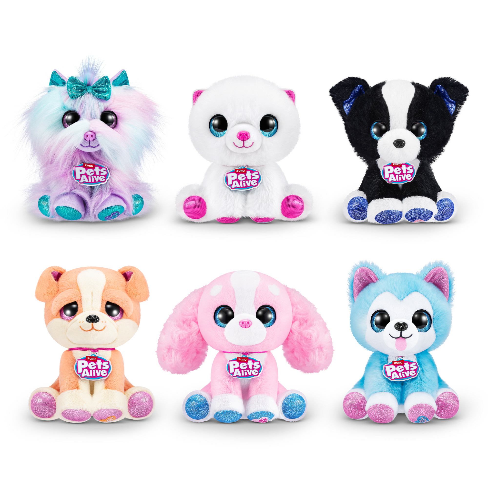 Un gruppo di sei cani di peluche. Ognuno ha una combinazione di colori diversa. Tutti hanno un'etichetta 'Pets Alive'.