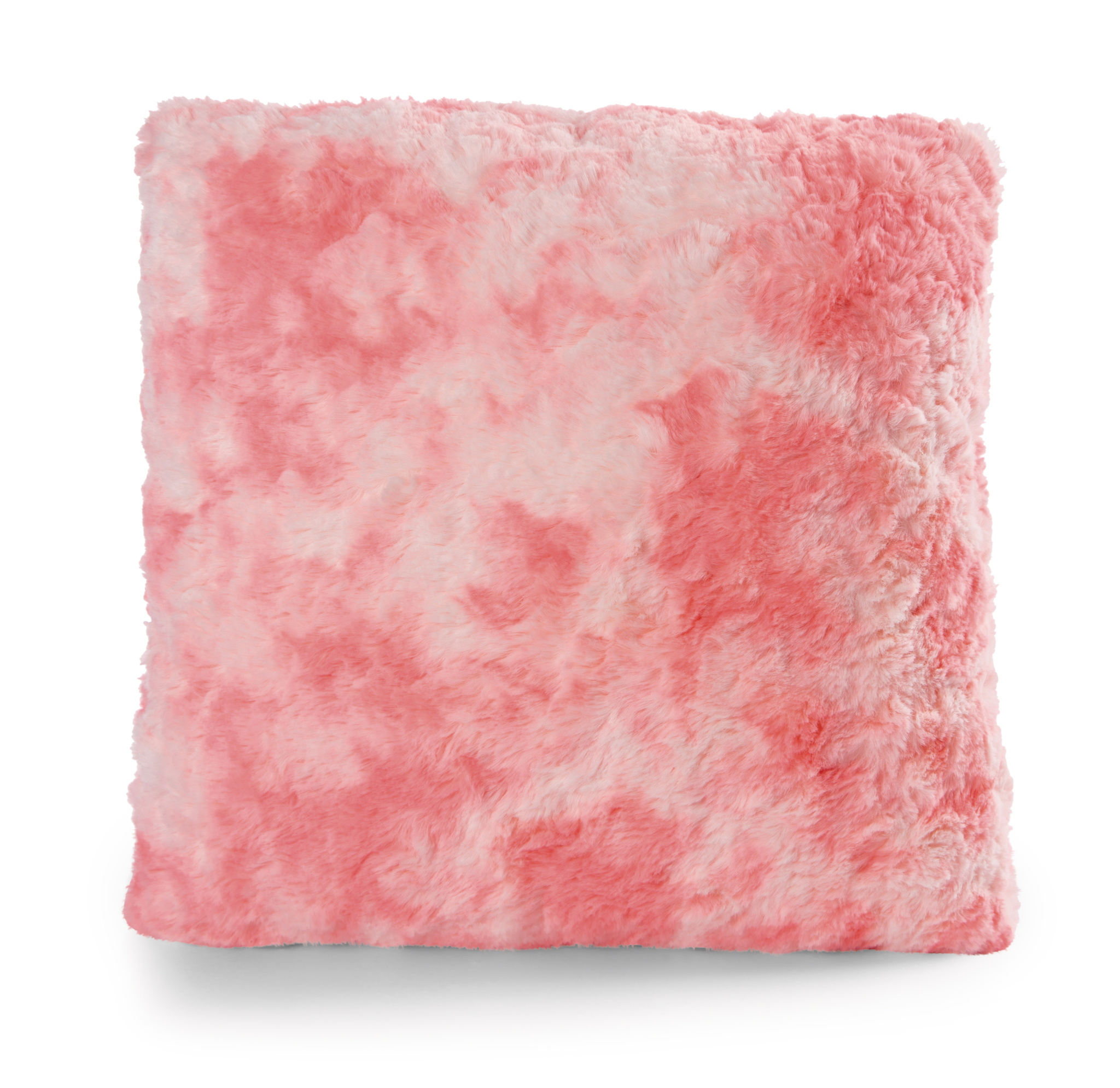 Ein rosa, flauschiges Kissen mit weißen, wolkenartigen Flecken. Weißer Hintergrund.
