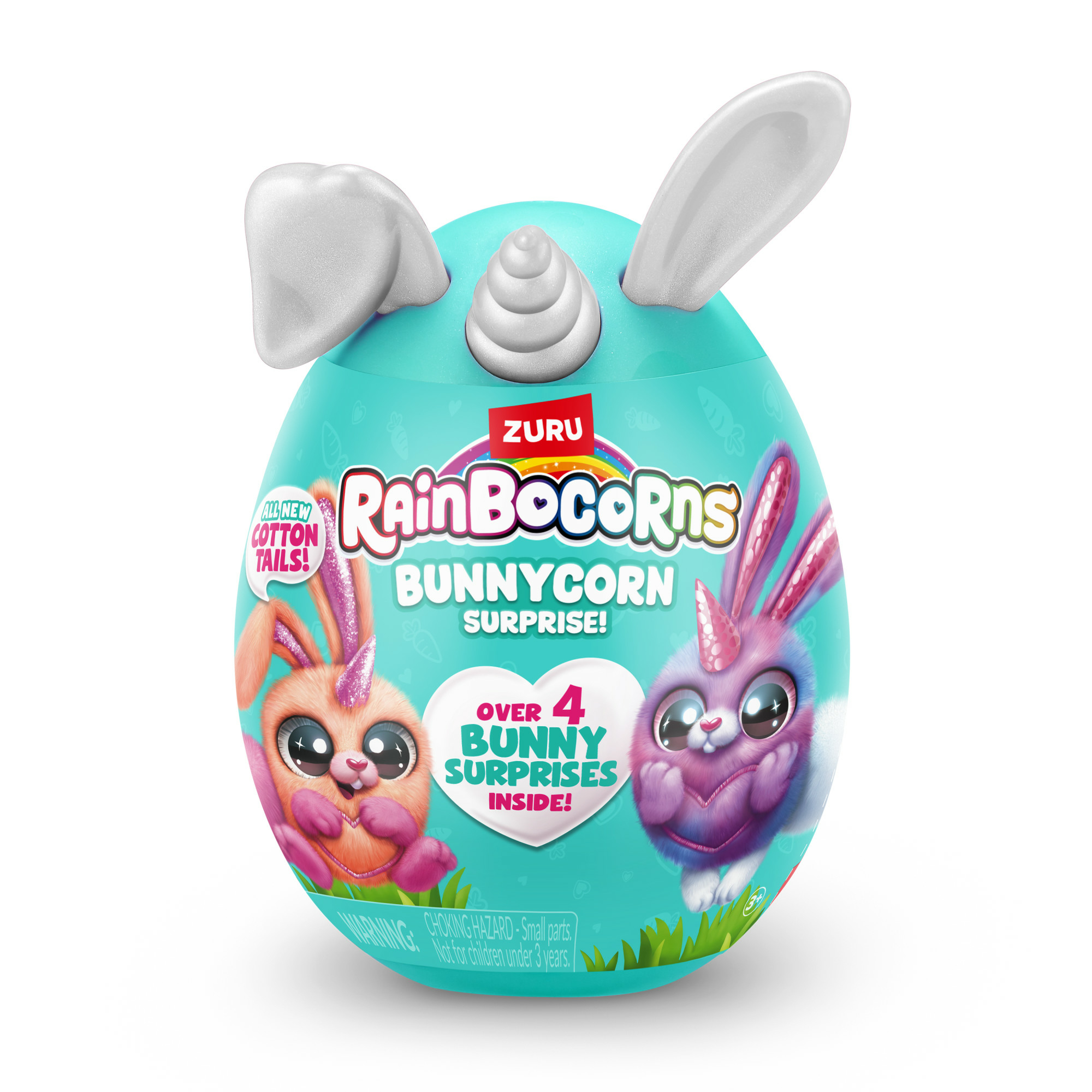 Un uovo Rainbocorns Bunnycorn Surprise. È blu con orecchie da coniglio e un coniglio arancione e viola sopra.