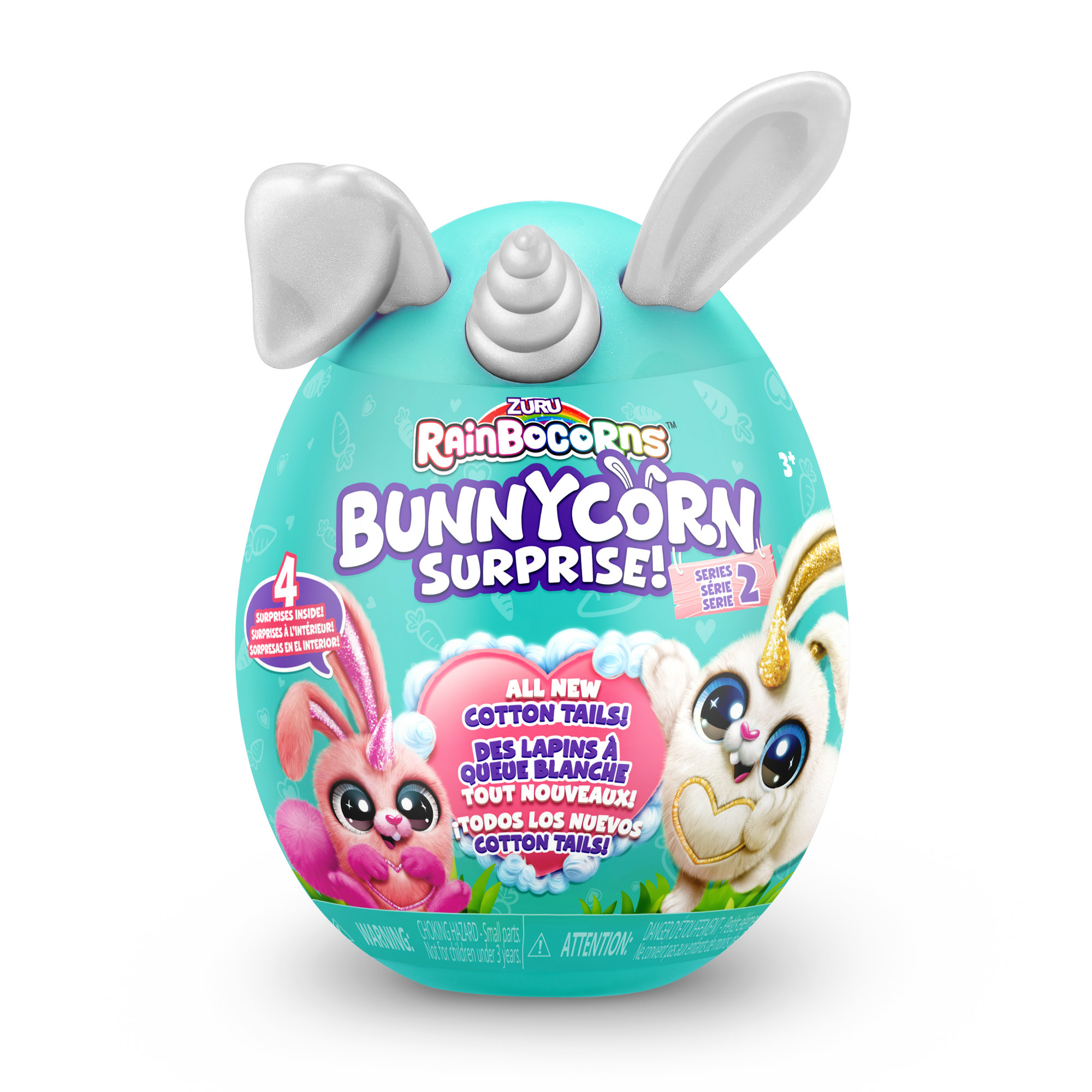 Un pacco giocattolo a forma di uovo blu con orecchie da coniglio. Il testo sulla parte anteriore dice 'Bunnycorn Surprise!'