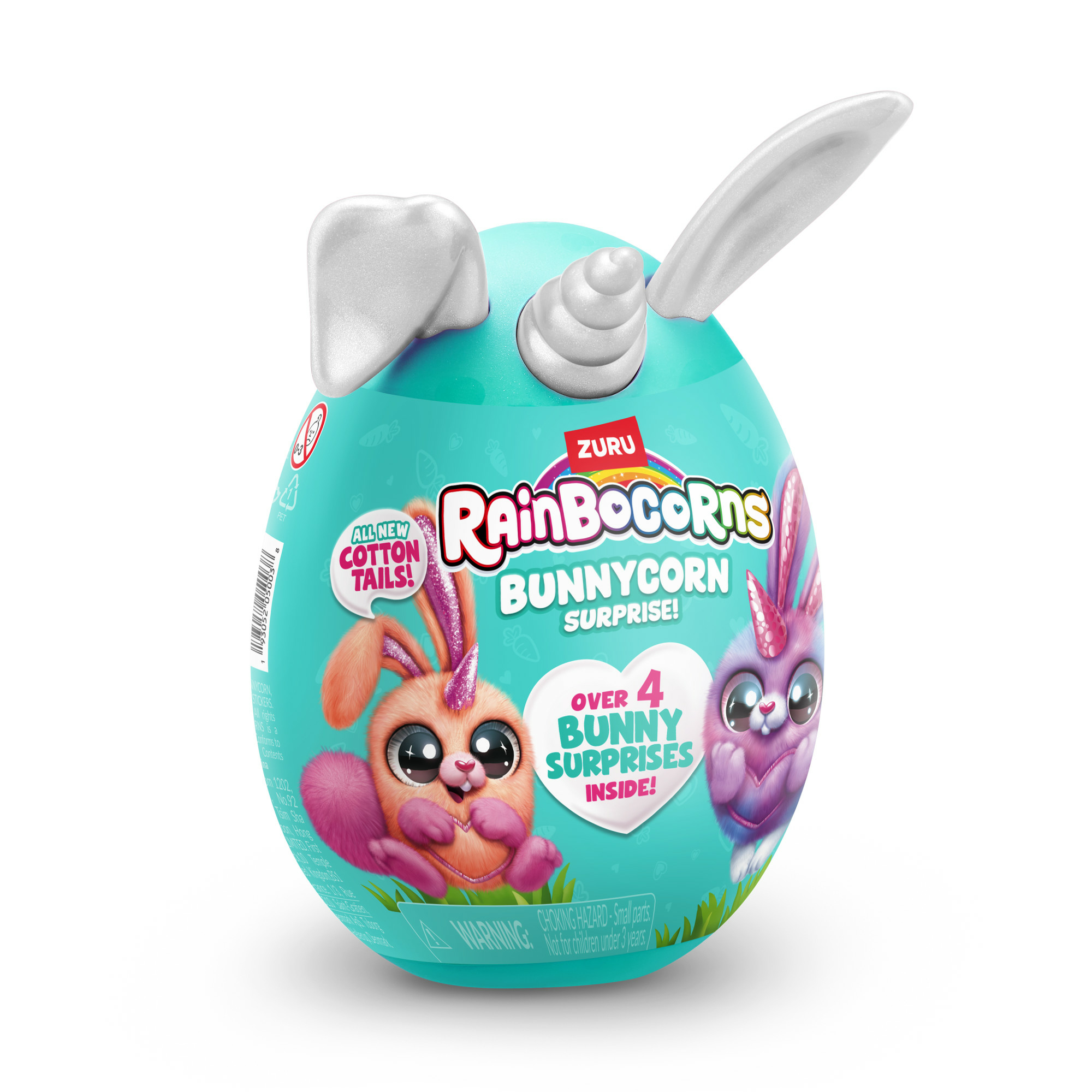 Uovo blu con coniglietto rosa, corna dorate, un giocattolo a sorpresa Bunnycorn.