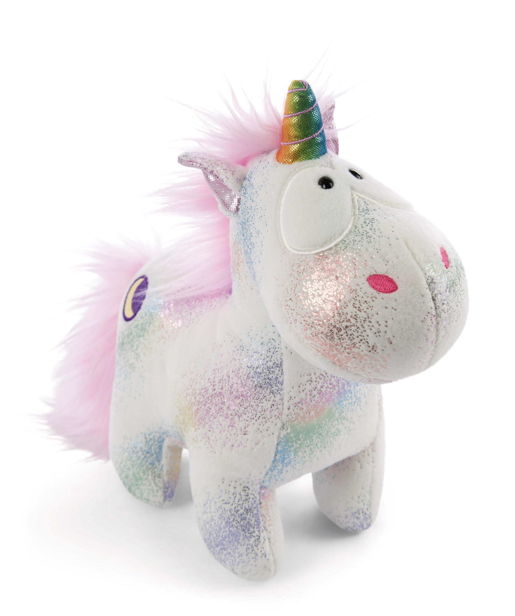 Peluche unicorno, bianco con criniera e coda rosa. Accenti glitterati e un corno arcobaleno.