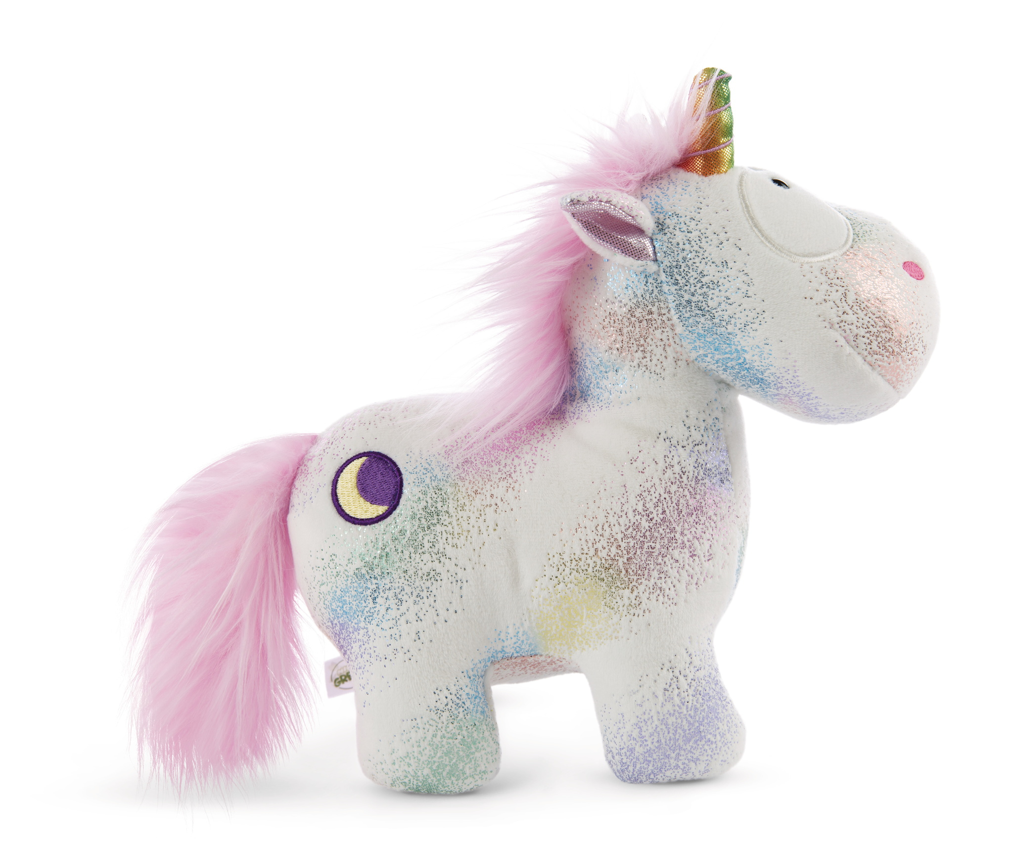 Peluche unicorno bianco con criniera e coda rosa, vista laterale.