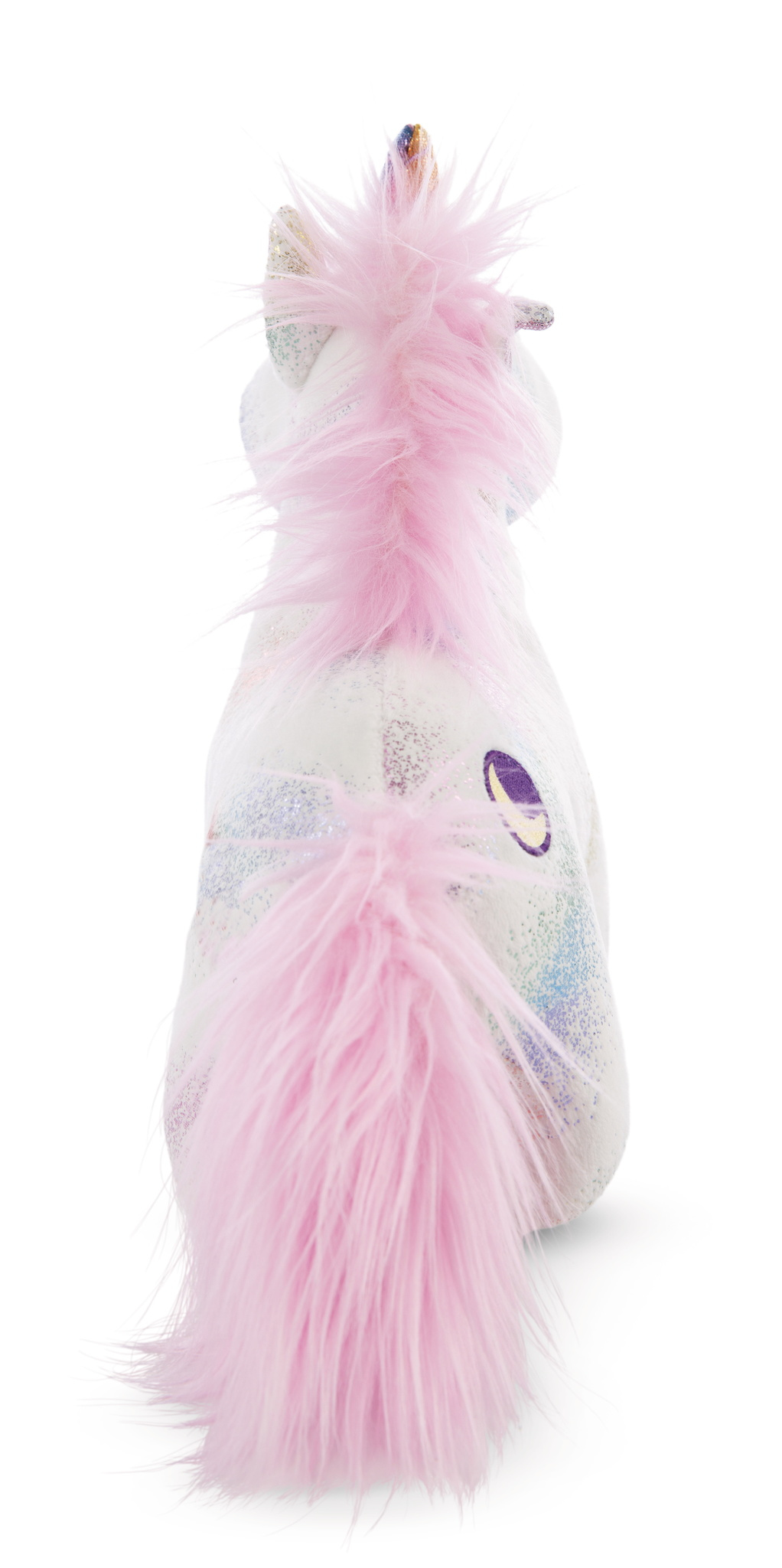 Un giocattolo di unicorno di peluche, bianco con criniera e coda rosa. Accenti glitterati e un corno con colori arcobaleno.