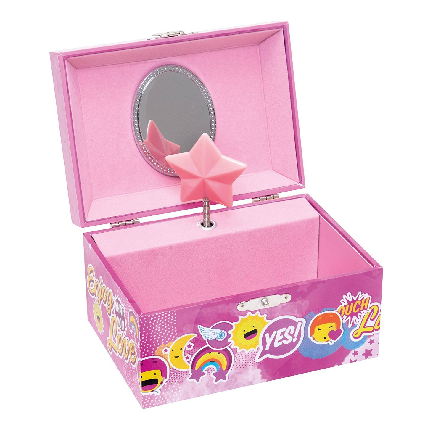 Eine rosa Schmuckschatulle, geöffnet, mit Spiegel und Stern. Auf der Box steht 'Enjoy What You Love'.