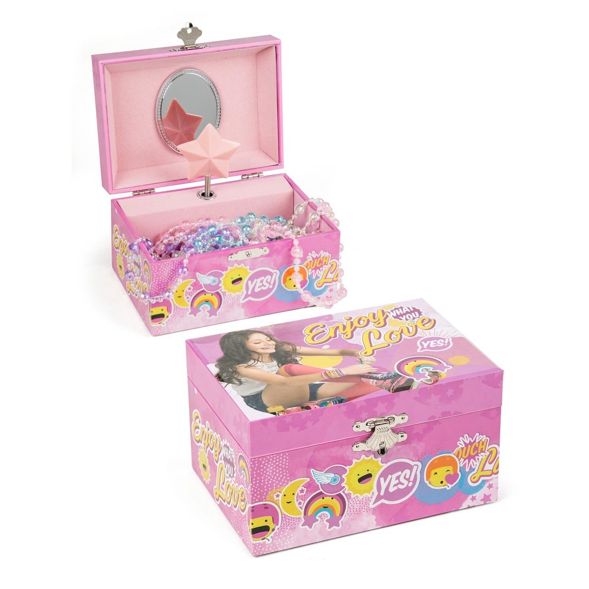 Eine rosa Schmuckschatulle mit Spiegel und Stern. Auf der Box steht 'Enjoy What You Love'.