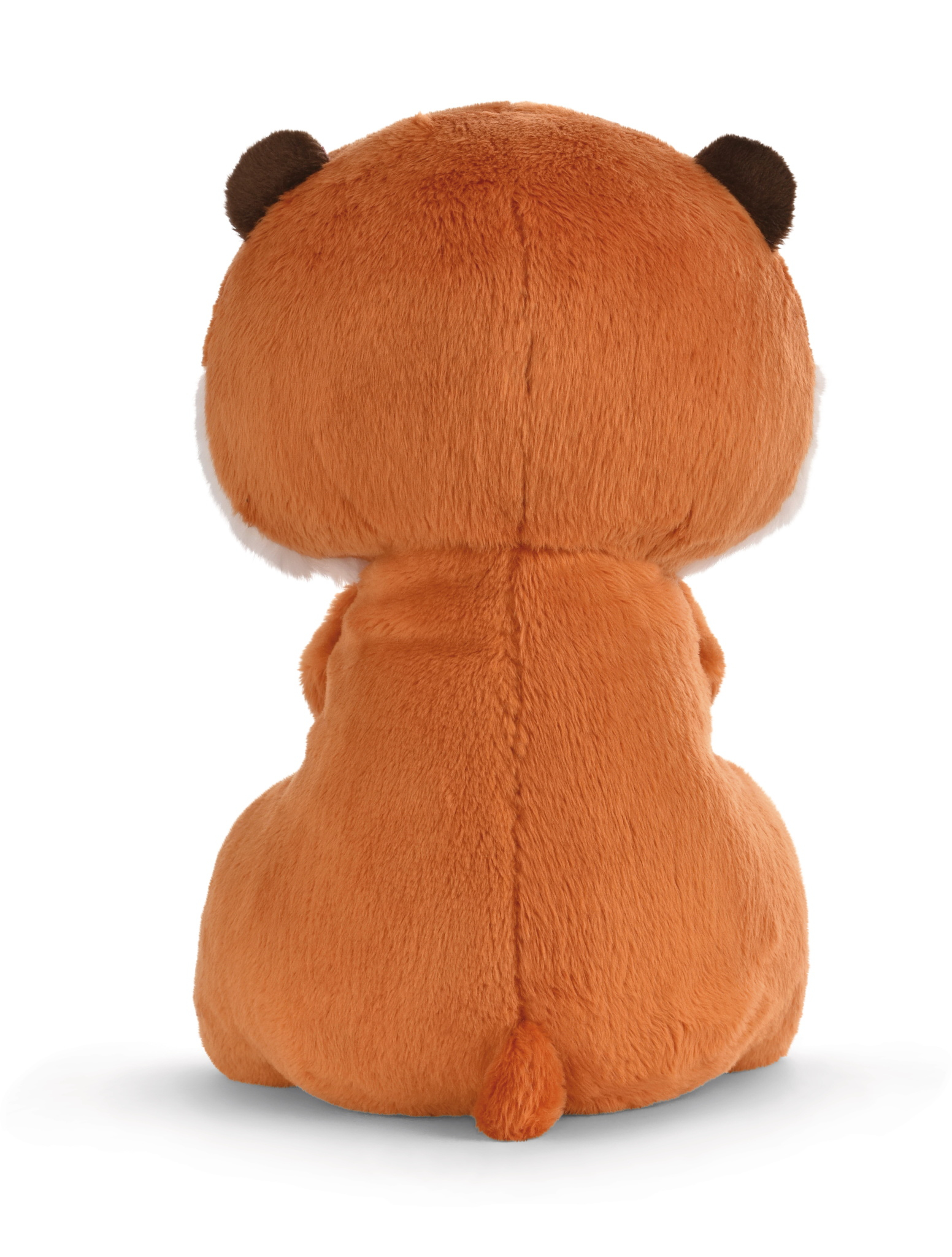 Widok z tyłu pomarańczowego pluszowego lisa z ciemnobrązowymi uszami. Białe tło.