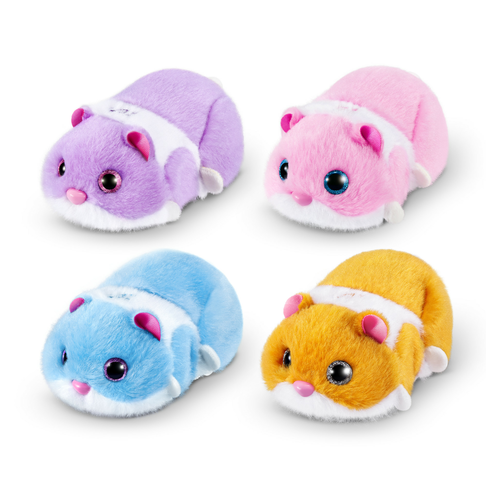 Quattro criceti giocattolo di diversi colori: viola, rosa, blu e giallo. Hanno tutti piccole orecchie.