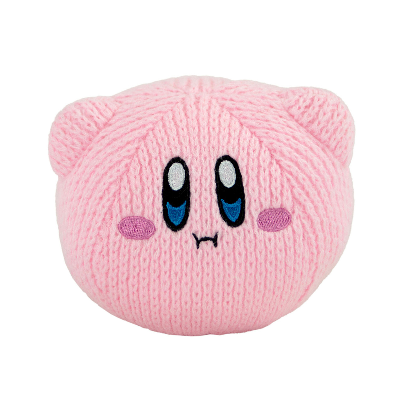 Peluche rosa Kirby con occhi blu e guance rosa su sfondo bianco, aspetto lavorato a maglia.