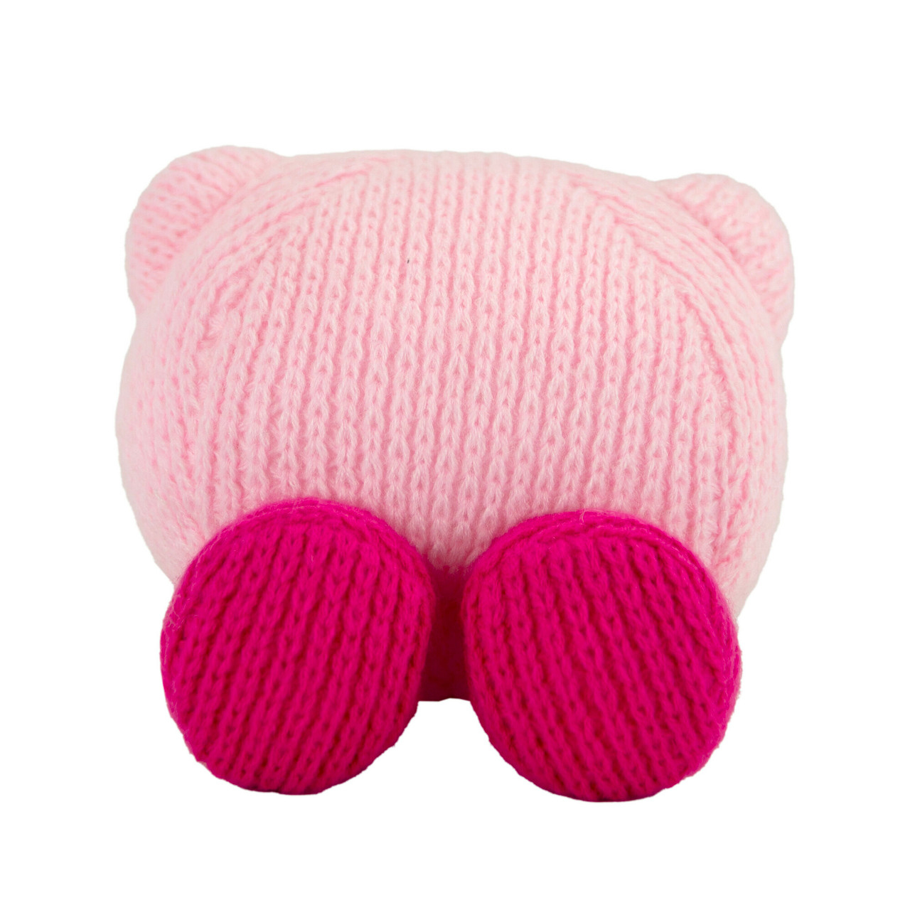 Vista posteriore di un peluche rosa con due grandi piedi rosa. Il giocattolo è su sfondo bianco.