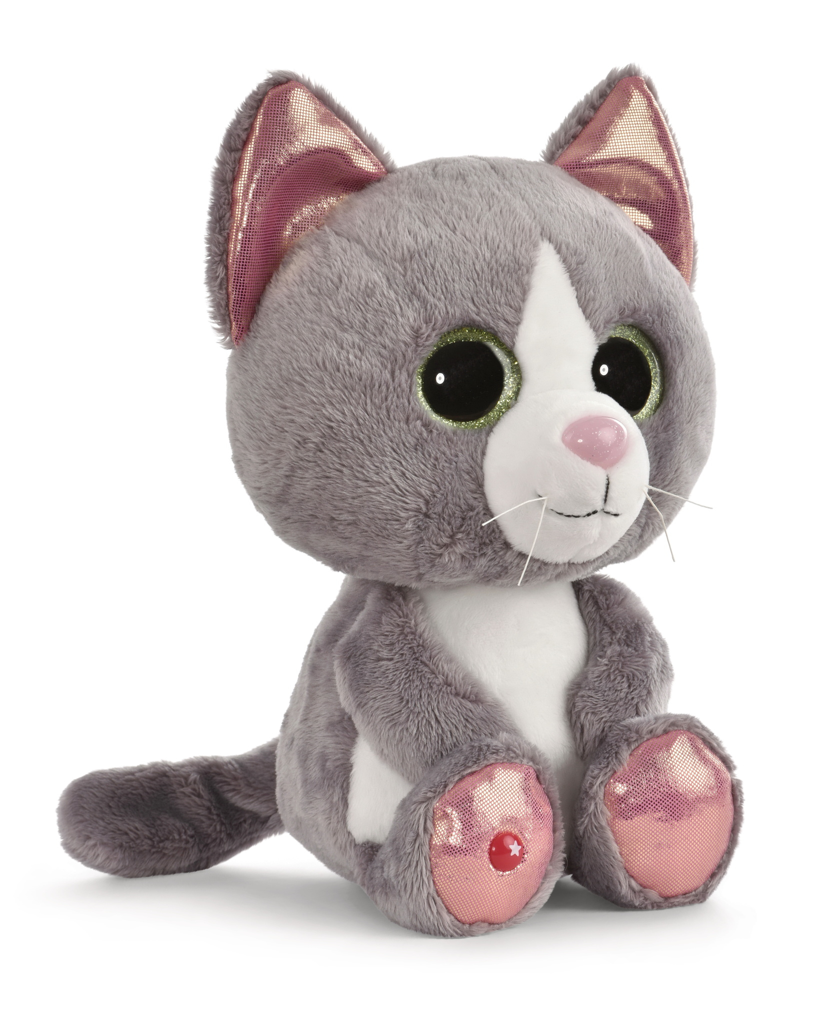 Szara pluszowa zabawka w kształcie kota z białym torsem, różowymi uszami, dużymi oczami i różowymi łapami. Siedzi.