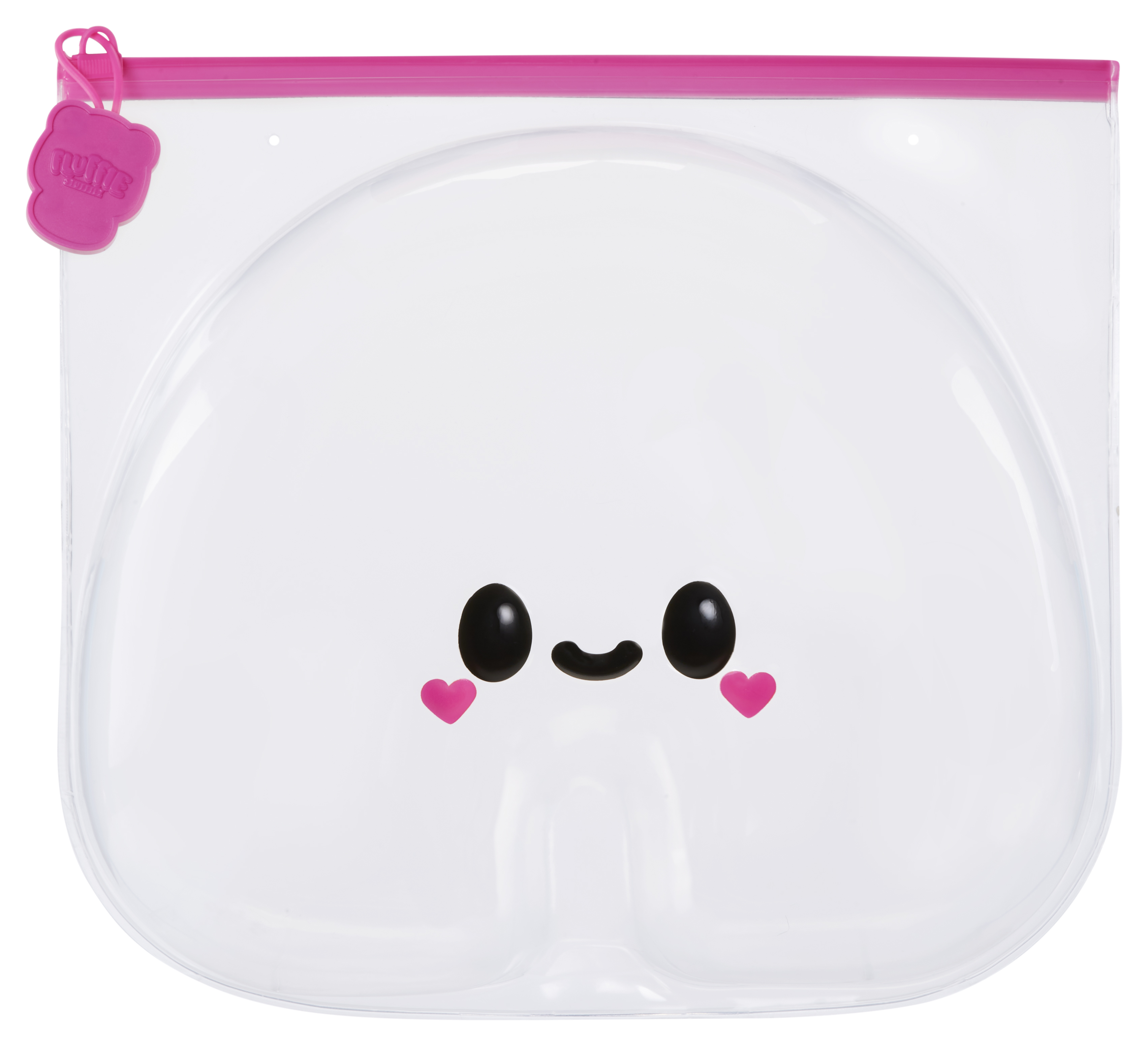 Przezroczysta plastikowa torba z kreskówkową twarzą. Ma różowe wykończenie i różową etykietę.