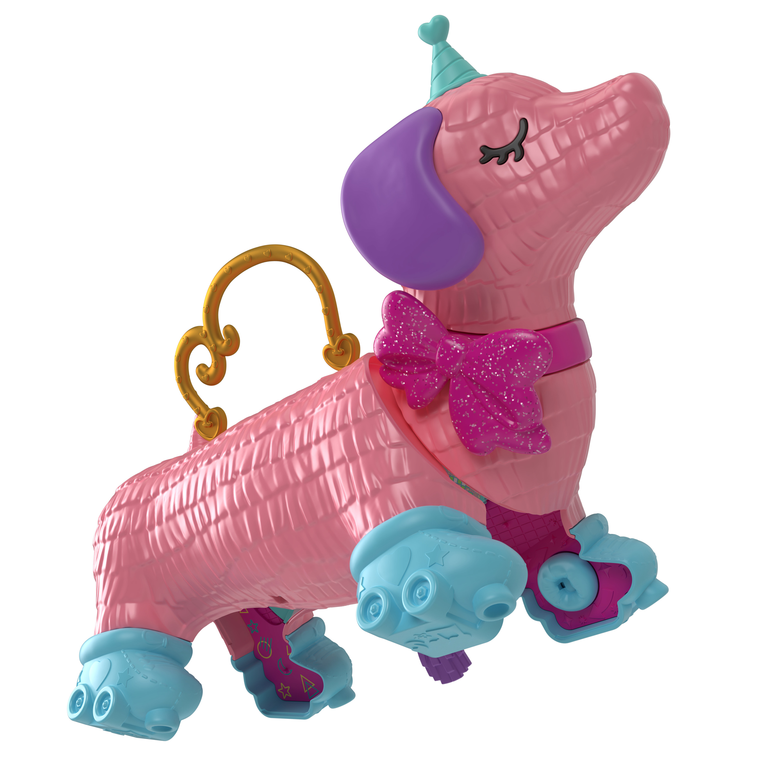 Różowy piesek z zabawką w kapeluszu.