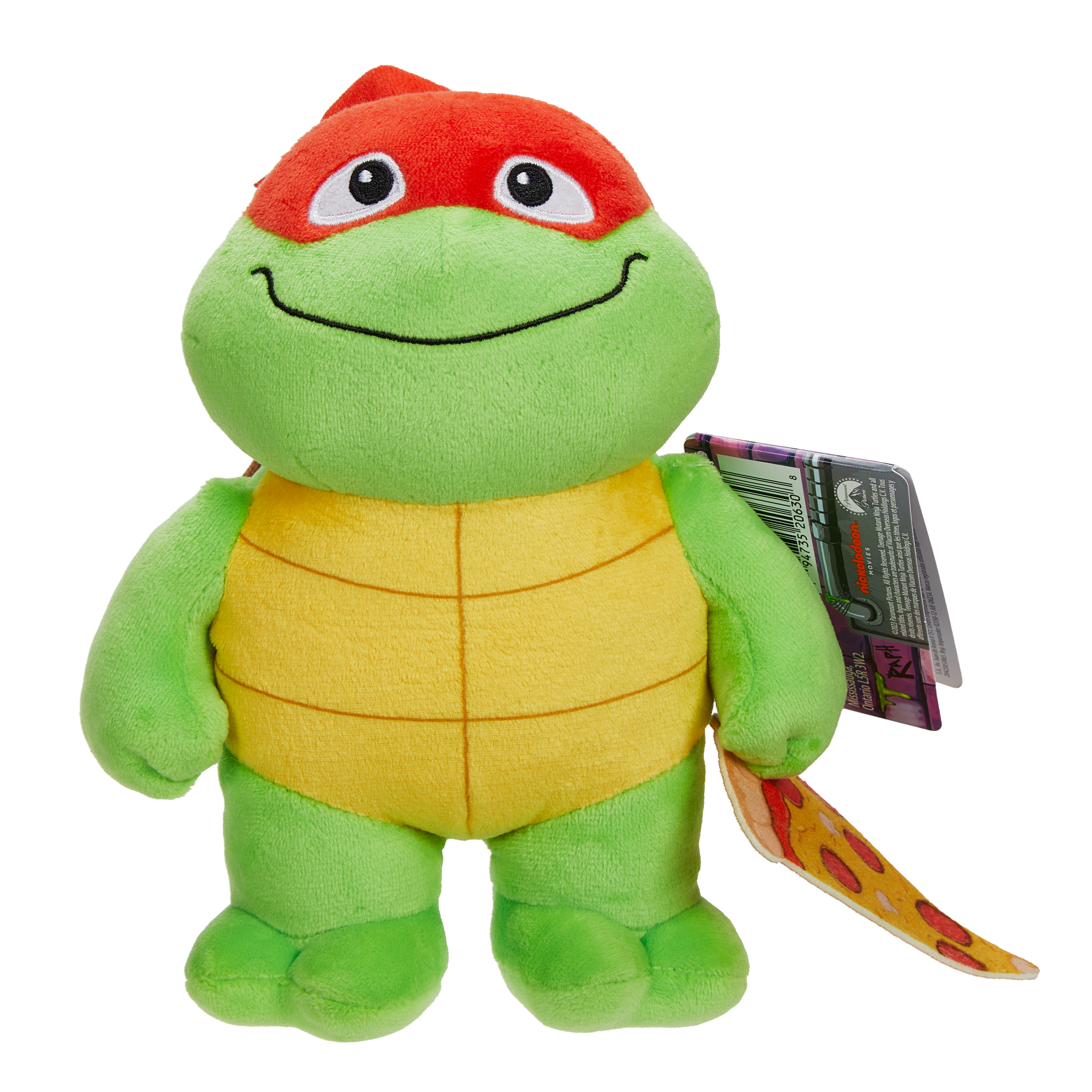 Ein grünes Plüsch-Teenage Mutant Ninja Turtle, Raphael, der ein Pizzastück hält.