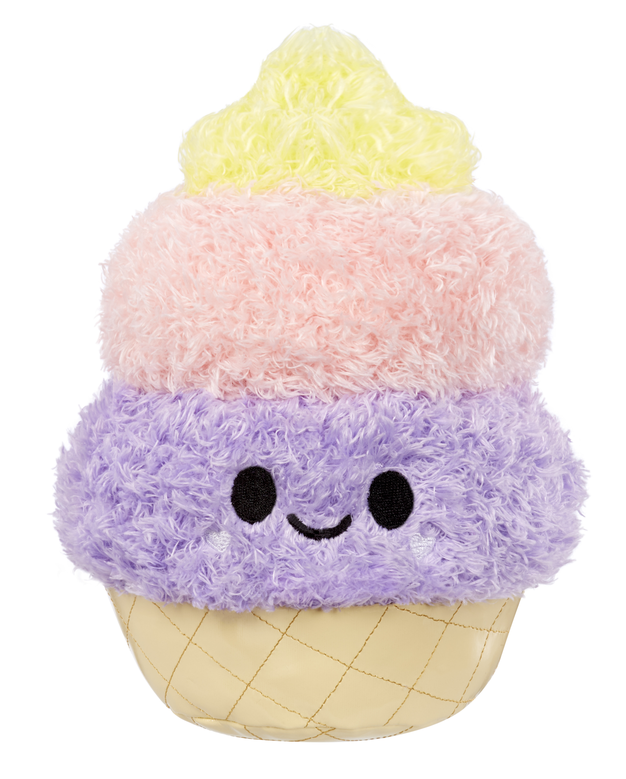 Pluszowe lody z trzema gałkami: żółtą, różową i fioletową, na podstawie wafelka.