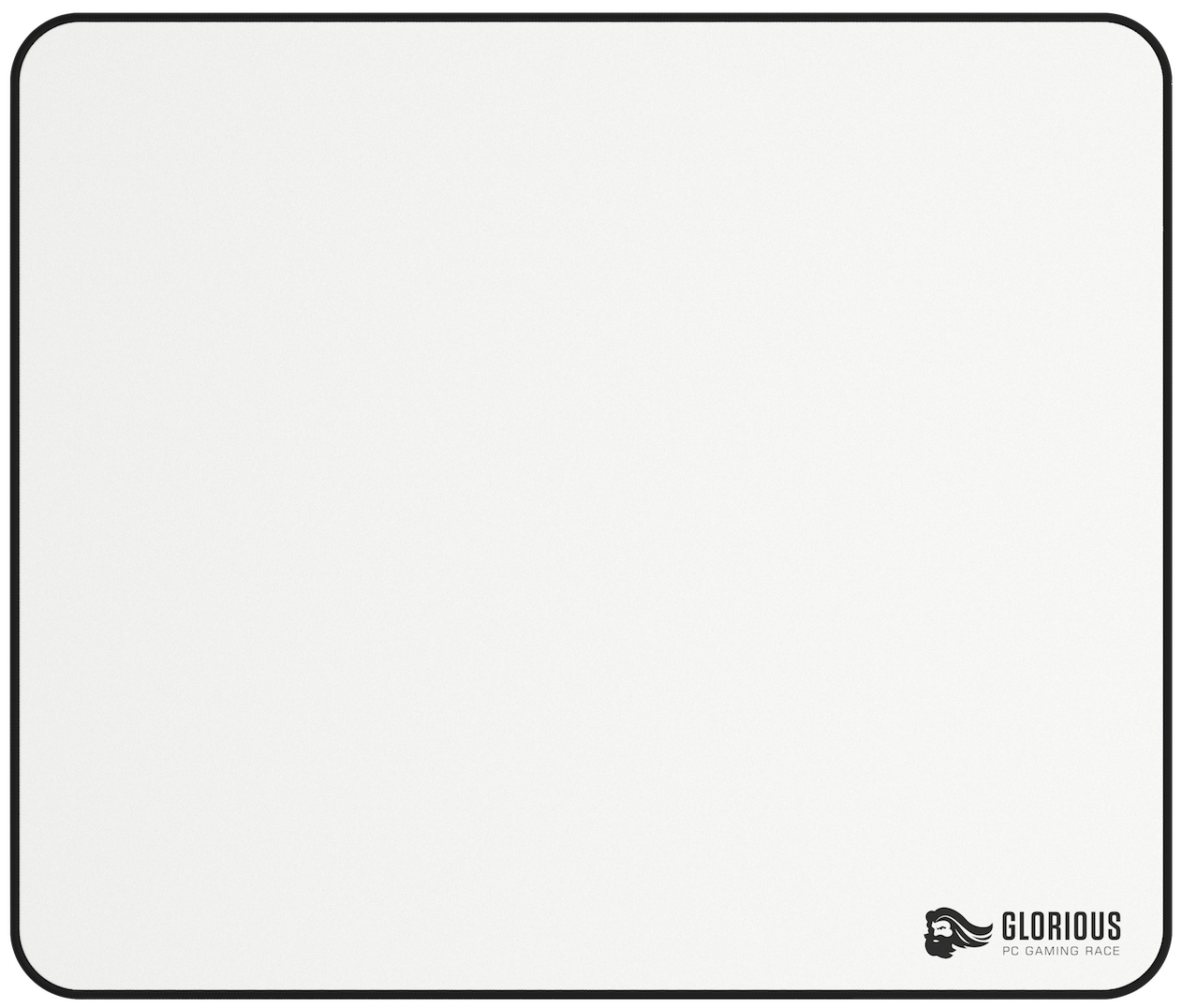 Biała podkładka pod mysz z czarną obwódką i logo Glorious PC Gaming Race.