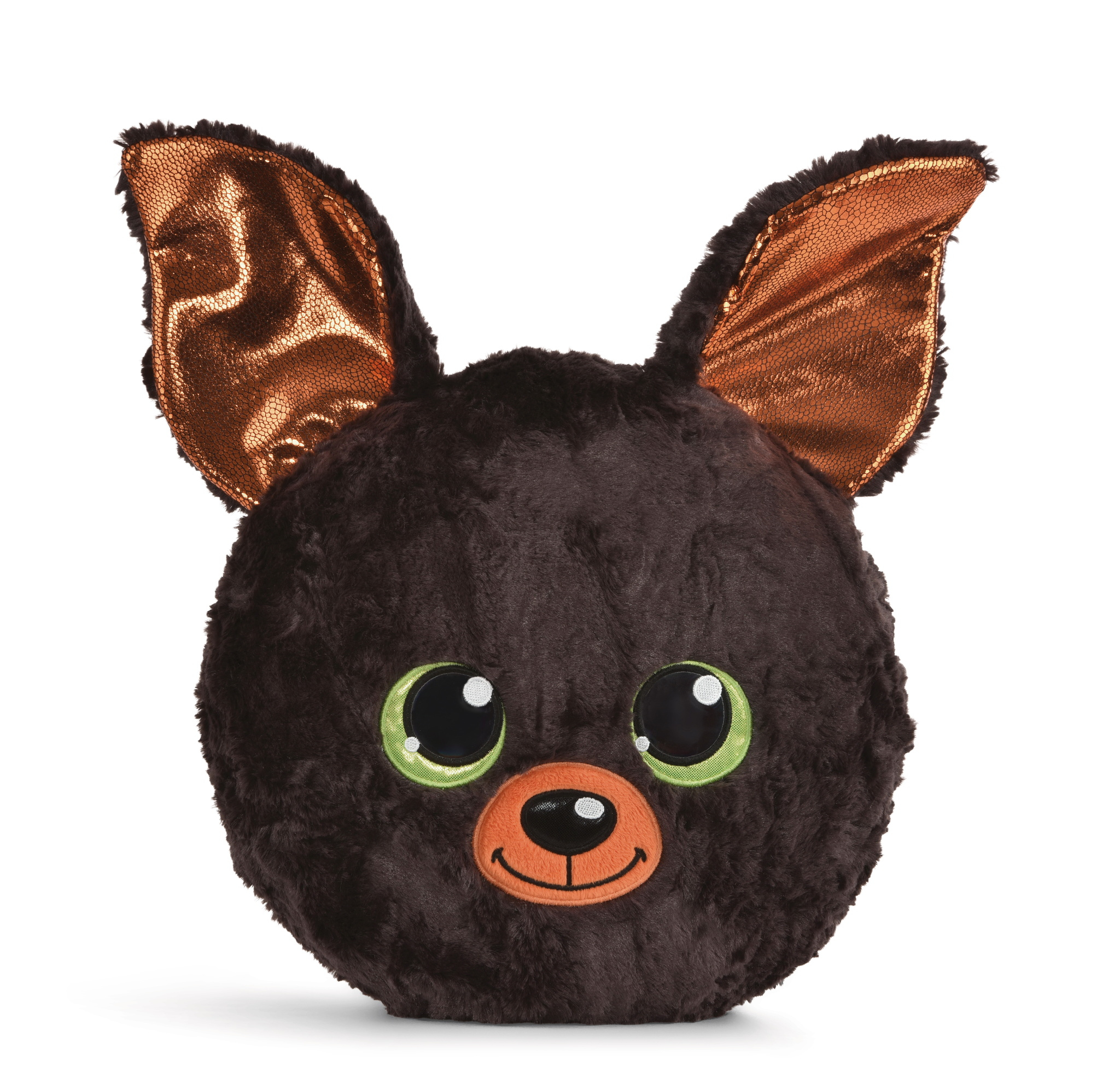 Pluszowa głowa nietoperza z dużymi uszami i oczami. Tło jest białe.