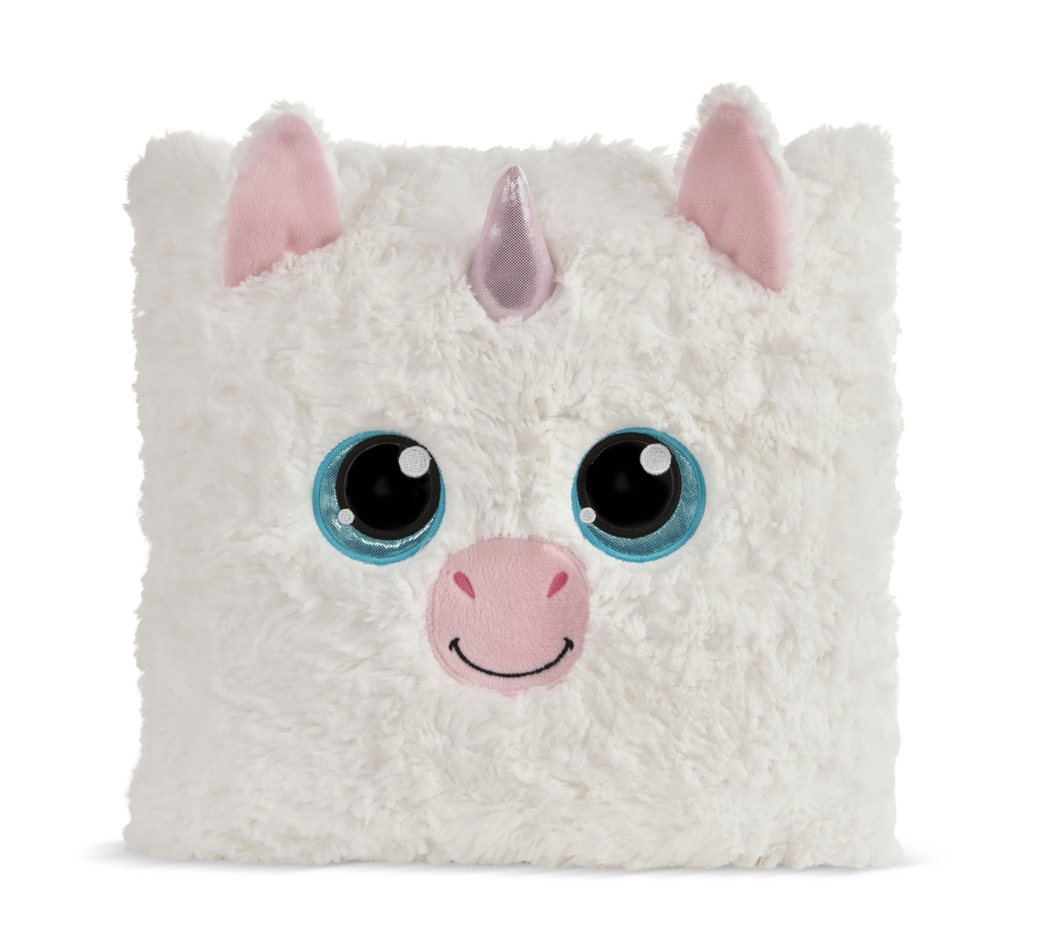 Weißes Plüsch-Einhorn mit großen Augen, rosa Nase und silbernem Horn. Blaue Details um die Augen.