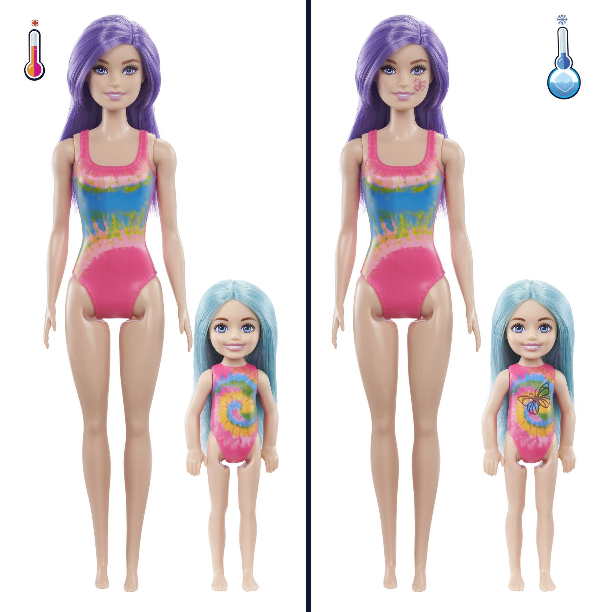 Dwie lalki Barbie i mniejsza lalka, wszystkie w strojach kąpielowych, z ikonami ciepła i zimna.