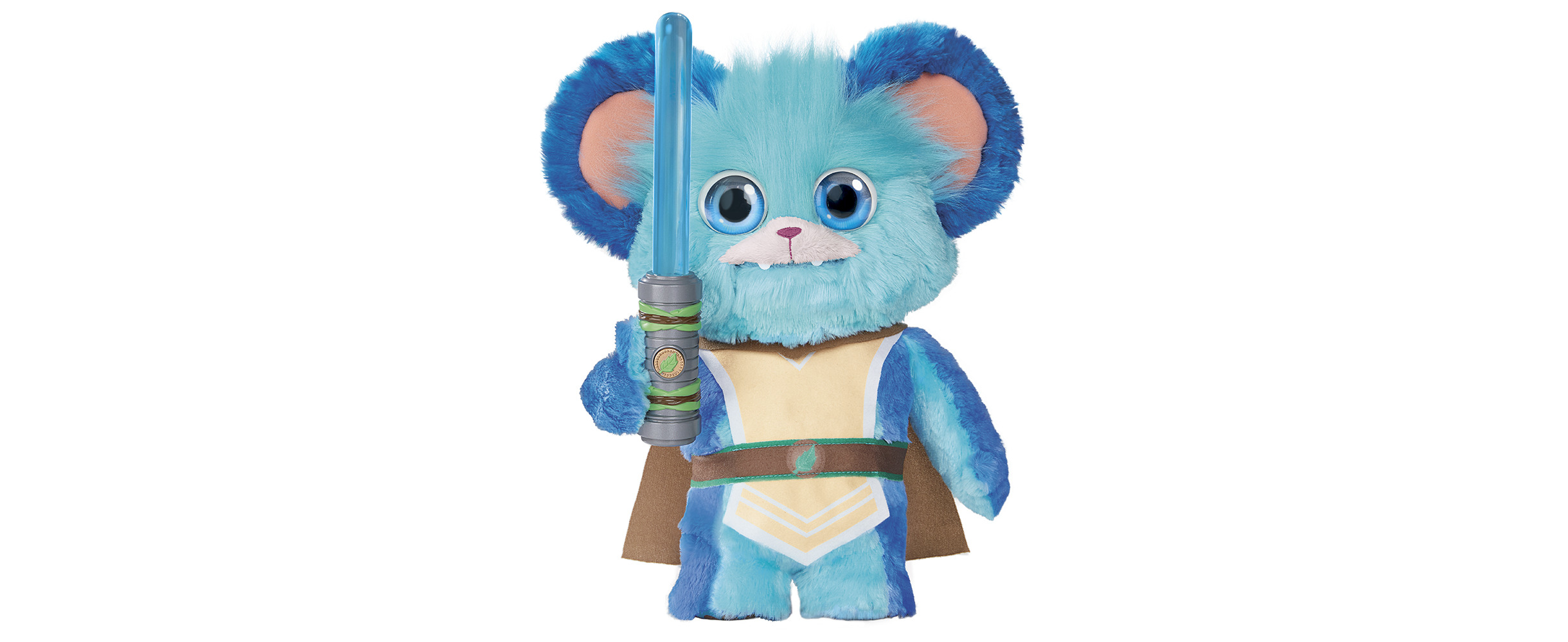 Niebieska, futrzana zabawka trzymająca niebieski miecz świetlny. Ma pelerynę i detal na klatce piersiowej.