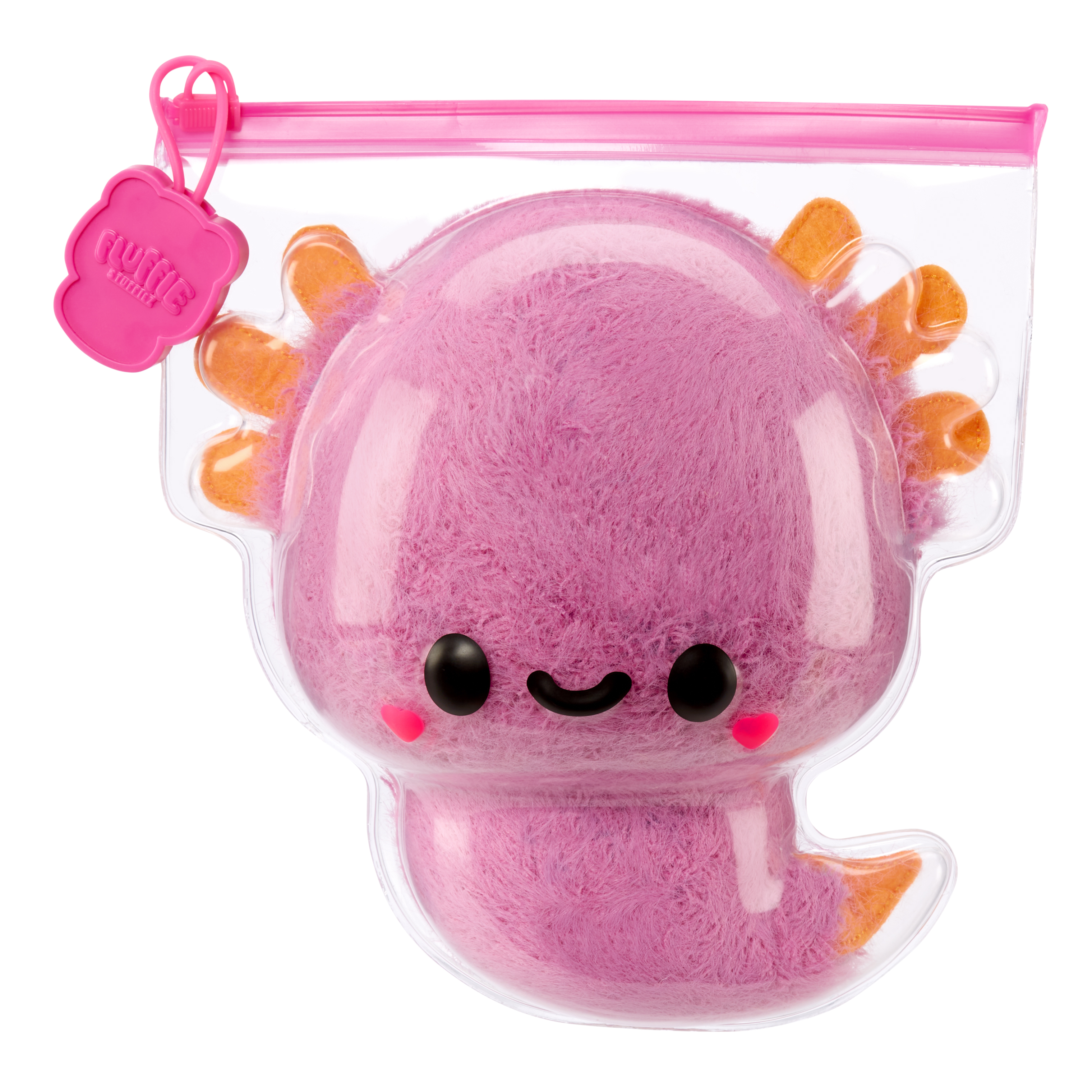 Różowa, puszysta zabawka axolotl w przezroczystej plastikowej torbie, z pomarańczowymi detalami i czarnymi oczami, białe tło.