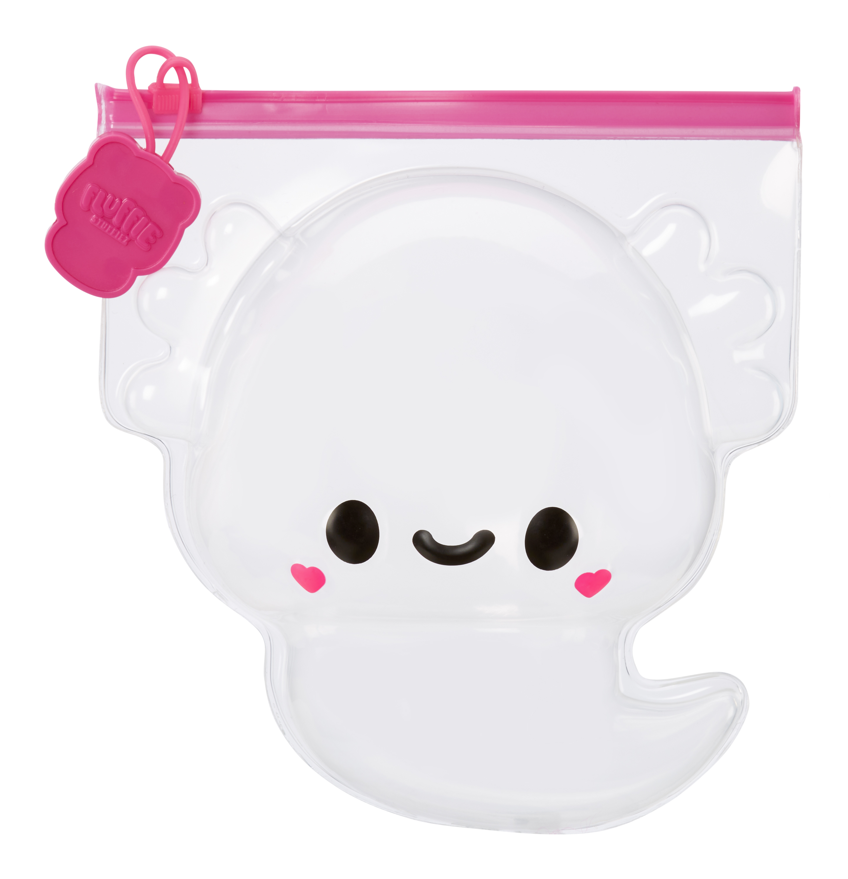 Przezroczysta torba w kształcie ducha z różowym zamkiem. Duch ma czarne oczy i różowe policzki.