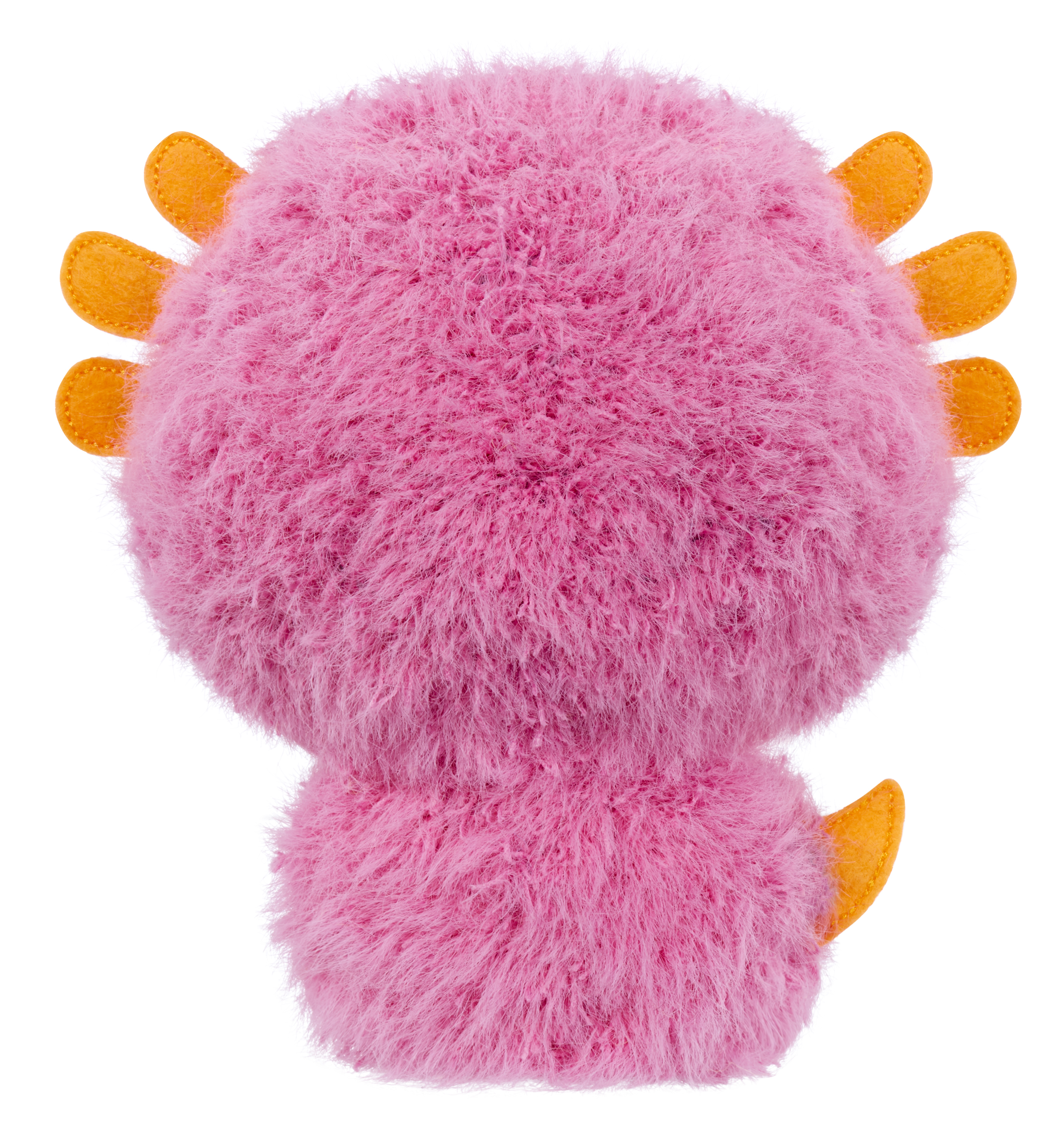 Różowa pluszowa zabawka axolotl, widok z tyłu. Różowe ciało z pomarańczowymi skrzela i ogonem.