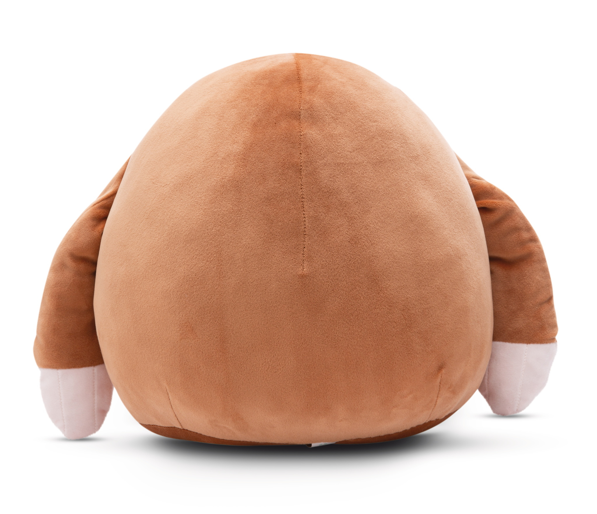 Widok z tyłu brązowej pluszowej zabawki. Brązowy korpus, różowe stopy, białe tło.